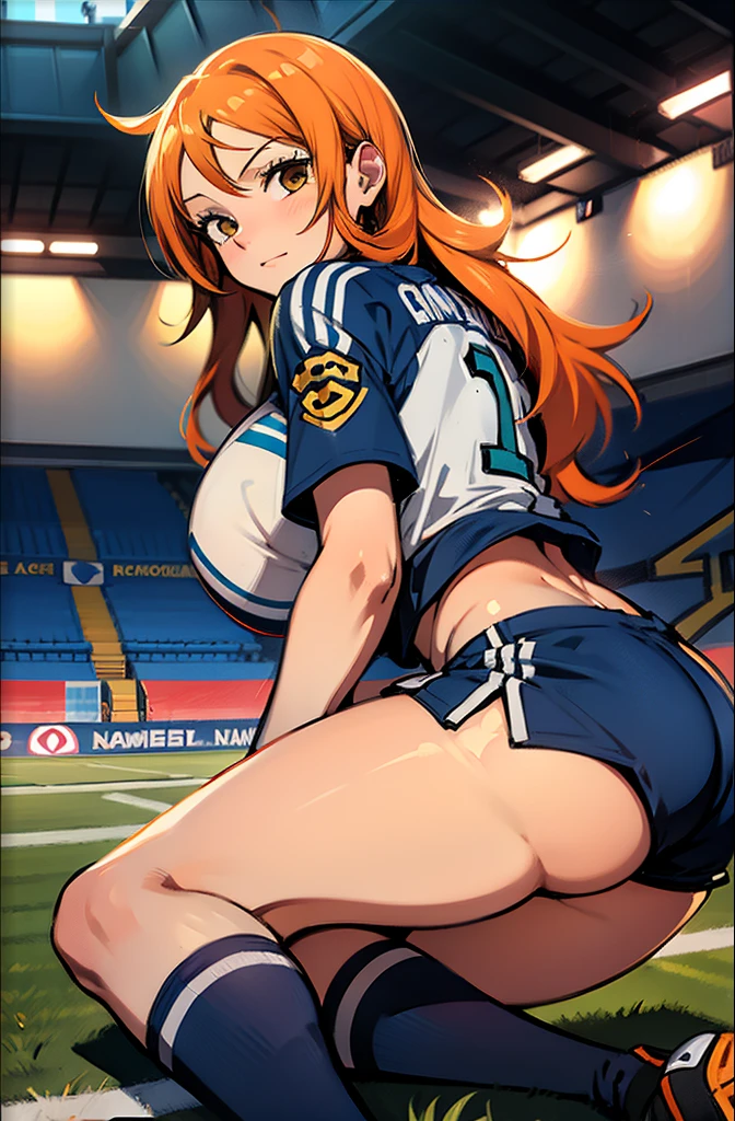 ((masterpiece)), nami \(one piece\), orange_hair, big_breasts, yellow soccer jersey with number 6(1.2), soccer_cleats, over-kneehighs, NamiFinal, blue shorts, long hair, midriff, booty shorts, large_breasts