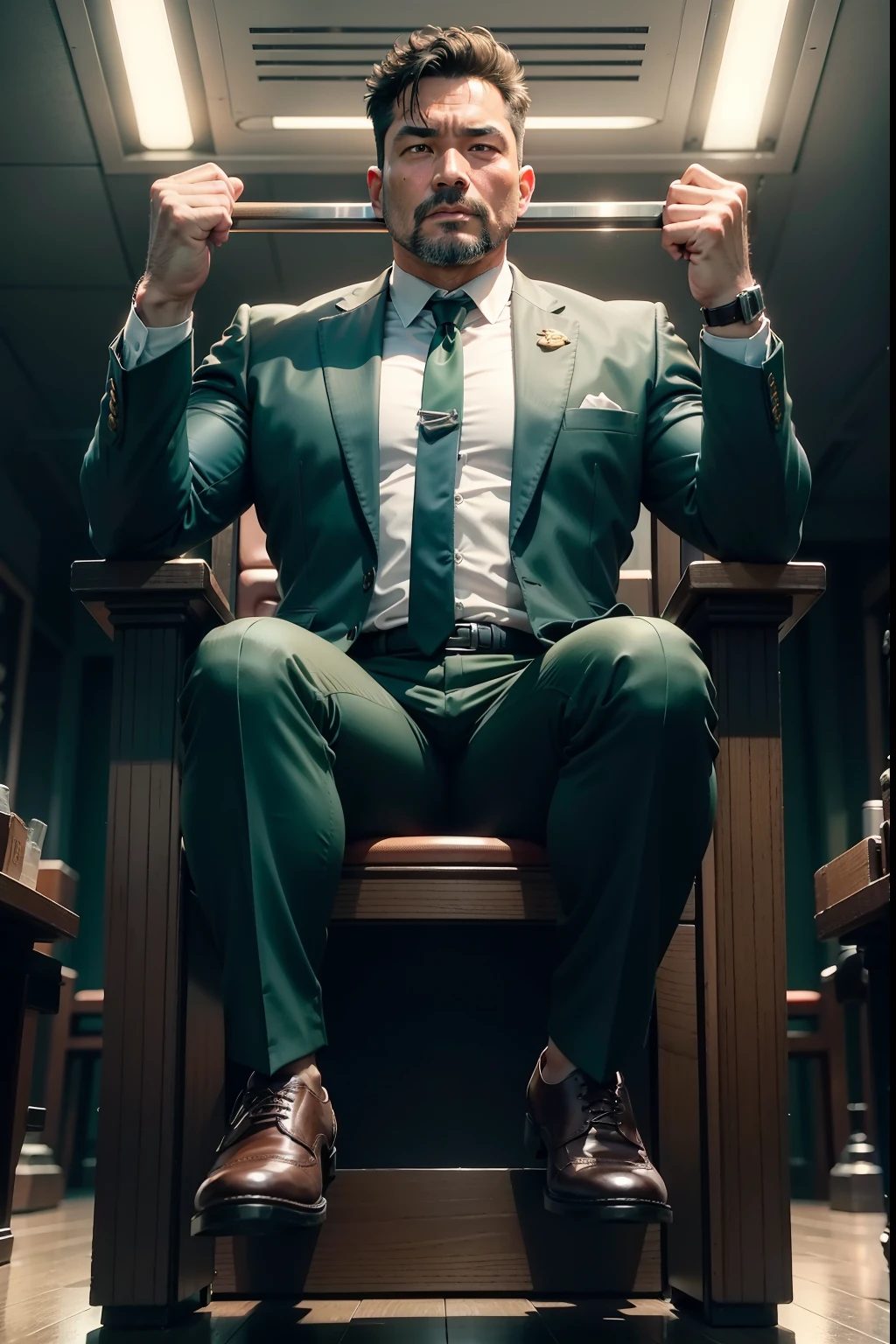 45-year-old middle-aged man,Man,Height 195,Asian people,sitting on a metal throne,God perspective,The eyes are about to face each other,Chinese men,musculature,Lift one foot,wearing green suit,Green trousers,red necktie,Wear a long green trench coat,long windbreaker,Black socks,Brown oxford shoes,boot,Cord,Ferocious and ferocious,Club background,Handcuffed and handcuffed hanging in the air