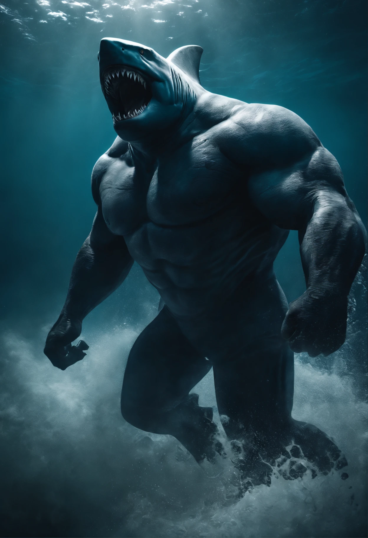 It creates a compelling image of King Shark, the DC Comics character, in an intimidating and powerful pose. Be sure to capture his unique appearance as a humanoid shark with imposing musculature and sharp teeth. He uses dark colors and blue tones to reflect his connection to the ocean and its threatening nature. Pay attention to the details of the texture of his skin and his fierce gaze. Make sure the image conveys its strength and imposing character