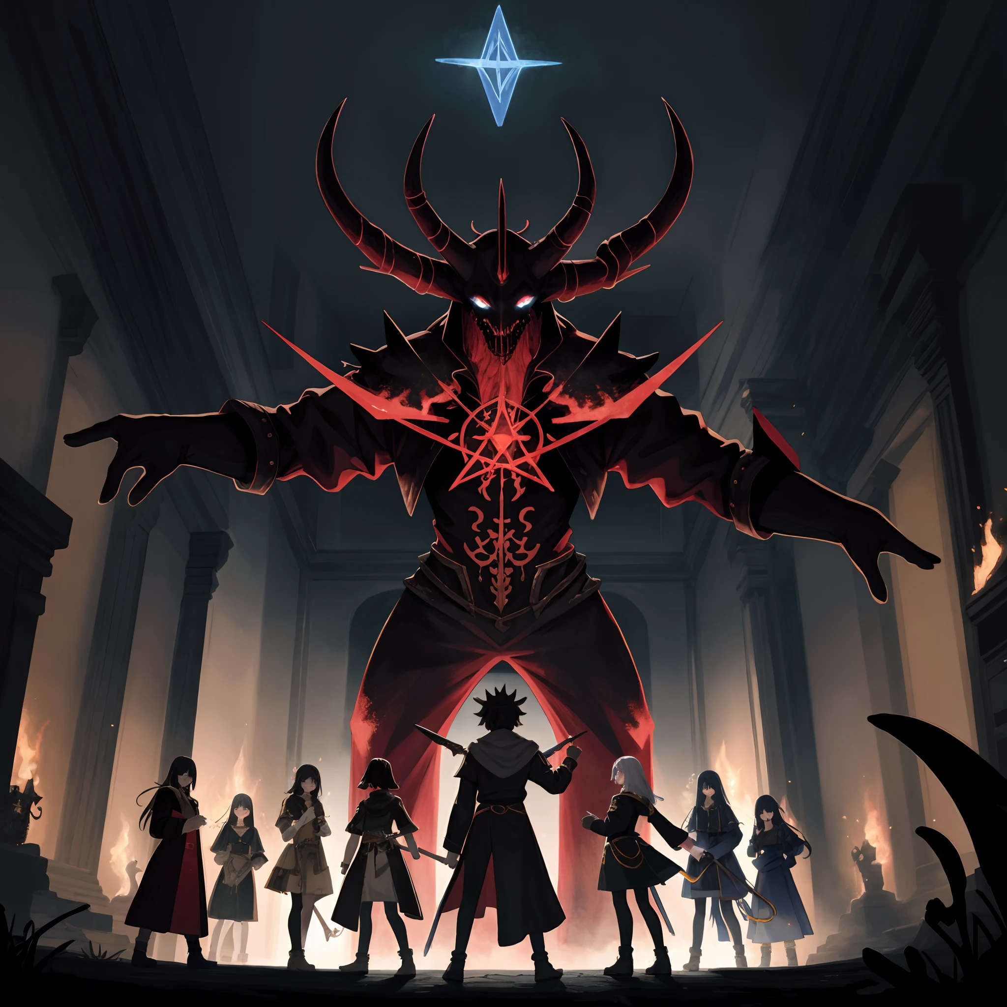 highres, top quality, best quality, paid reward available, High-quality illustrations, unparalleled masterpiece, perfect artwork, absurdres, perfect anatomy, standing in room, summoning an eldritch god,, summoning undead friends, spellcasting pose, album art, mmorpgs scene, dynamic angle,