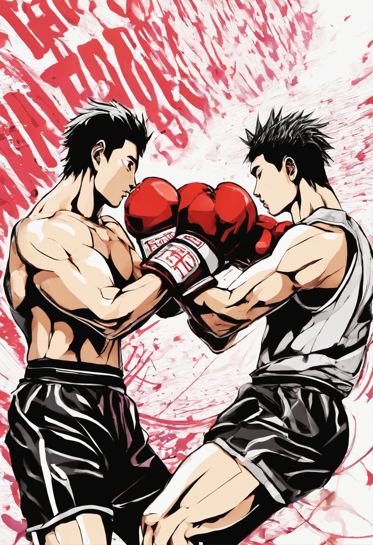 2 boxers trading blows,red vs blue, wearing boxing gloves,anime artstyle,hajime no ippo, extremely detailed, fighting game