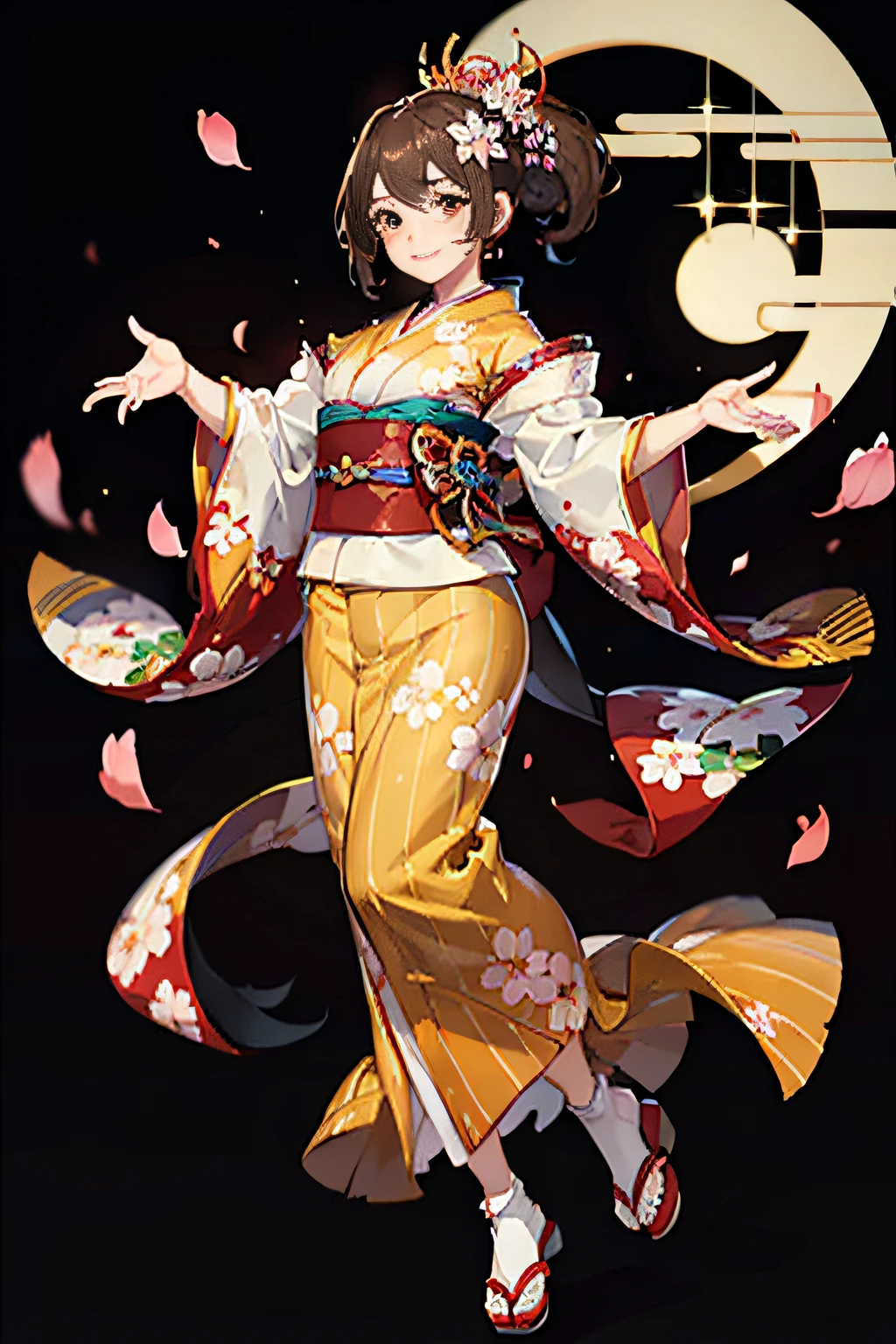 Japan Idol Girl,Add a motion blur effect to simulate motion,hight resolution,Girls Elegant Kimono,Floral kimono on shiny red fabric,Ponytail,flying hair,extremely delicate and beautiful face,Cherry Blossom Hair Ornament,Dance a fierce Japan dance at,Under the cherry blossoms with fluttering petals,Spread your arms、Place one hand in front of you,Beautiful hands,Beautiful Finger,Full body shot,Glossy light brown and orange striped shorthair,Cute smile,Perfect round face,A cheerful smile that makes the viewer happy,Proper body proportion,Beautiful hands,Beautiful fingers,Detailed finger features,detailed clothes features,Detailed hair features,detailed facial features,