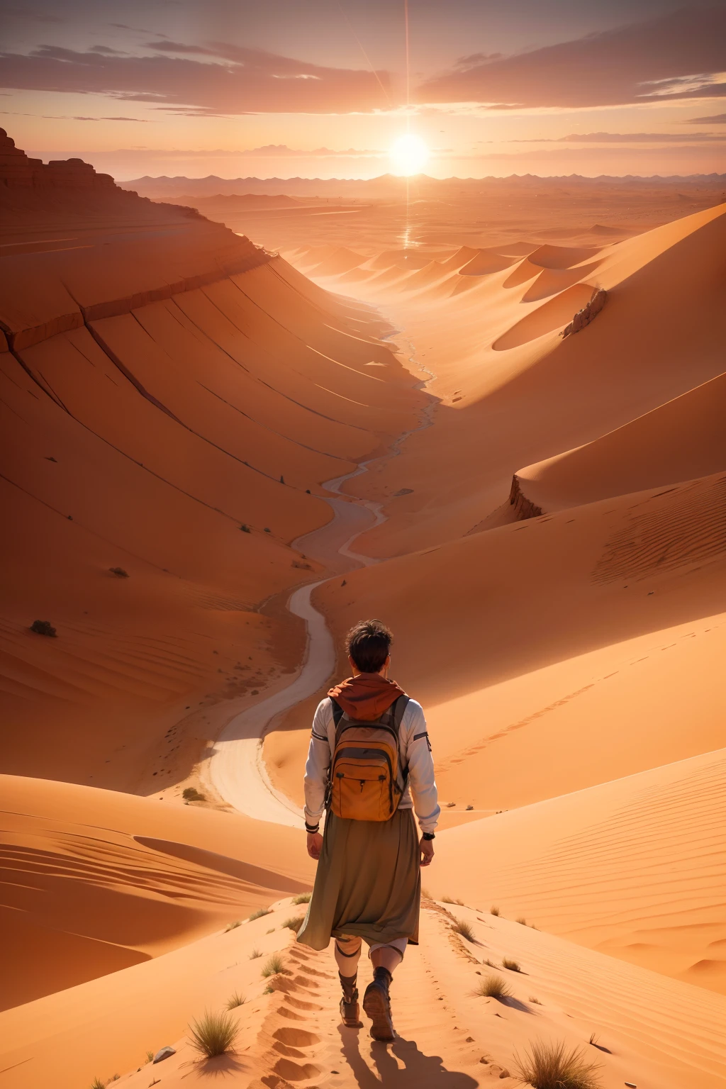 Scene description: (por do sol)
((In a vast and desolate expanse of desert, Um jovem fica sozinho de costas olhando para o nascer do sol,)) vestido com roupas esfarrapadas e carregando uma pequena bolsa. His face is young and determined, como se estivesse pronto para enfrentar qualquer desafio que surgir em seu caminho. Behind him, the landscape is barren and lifeless, with only wilted grasses blowing in the breeze. In front of him is an unknown realm, cheio de infinitas possibilidades. The whole scene is filled with the spirit of adventure and exploration, making someone feel compelled to follow the young man on his journey, para explorar o mundo desconhecido.