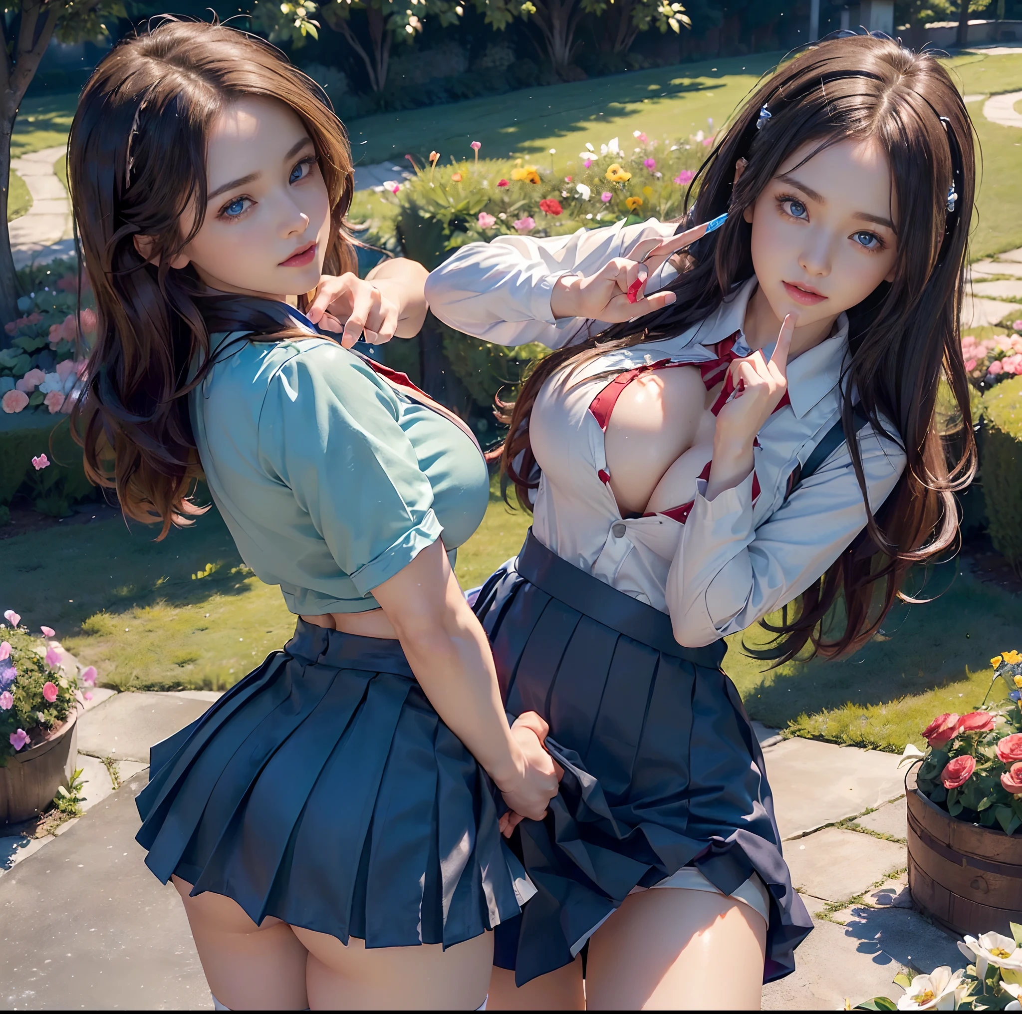 (top-quality)、 (masterpiece)、(profetional lighting)、 (Bewitching:1.2)、 (A hyper-realistic)、(Stylish), (intricate detailes)、 (perfect anatomia)、(Girl standing proudly in front of camera while showing off her breasts、Another girl on the other side、Bend over and stick your butt out towards the camera), ( Huge breasts:1.2), (Bright whitening skin without wrinkles and steps:1.3), (Beautiful bright blue eyes with long eyelashes and red tear bags)、(shiny little lips)、 (Braided half-up hair shines with backlight), (Wearing a micro mini skirt that is too short for a high school girl uniform:1.3)、(Girls' high school uniforms are very cramped due to large breasts, however、The upper body hides the skin without gaps、Eta、It is a design that beautifully complements the big buttocks.:1.6), (She flipped up her skirt with one hand、Proudly show off your crotch with your fingers from the front:2.5), (The other girl on the other side turned away、Showing off your proud super big ass from directly behind、Bend over and expose her ass:1.5), (the face is chubby), (They are kissing face to face while touching bewitching:1.3), (detailed beautiful faces), (Shot in a garden full of flowers:1.2),