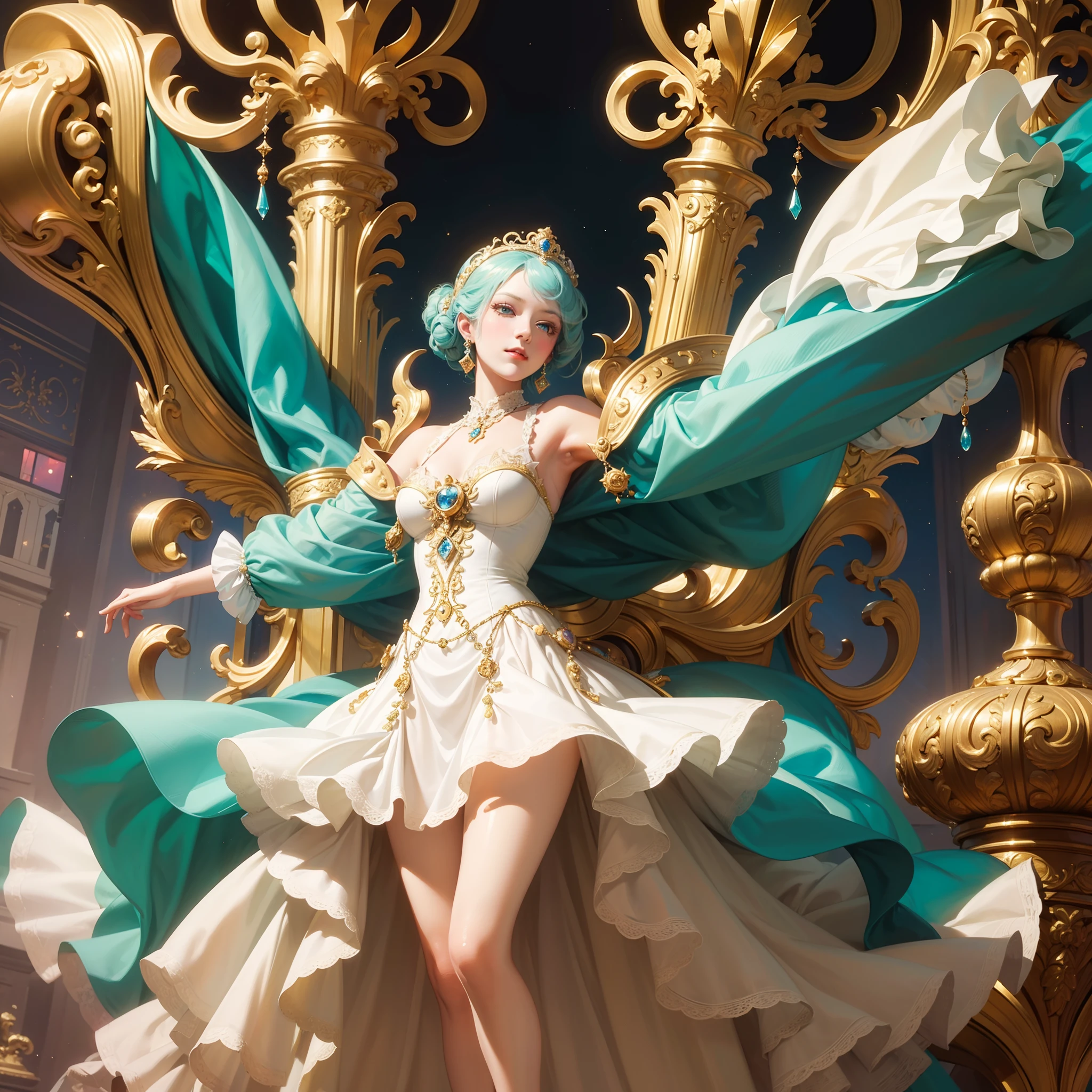 (Rococo style:1.1), (Art deco:1.1), masutepiece, Super Detail, High quality, awardwinning, 8K, Noble girl, Elegant dress, at the palace, Healing, recovery