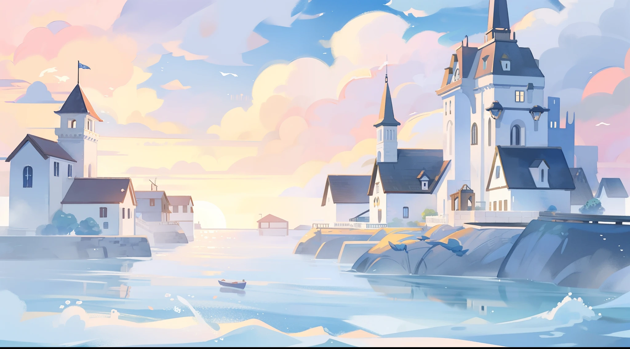 ocean fantasy watercolor illustration, bright colors, huge asymmetrical castle village, perfect architecture, watercolor, children's storybook illustration, clouds, colorful, pastel colors, bright, ((masterpiece)), ((best quality)), 8k, intricate detail, high resolution, highly detailed environment, perfect architecture, sharp focus, highly detailed, fine detail, masterpiece, best quality, tiny details