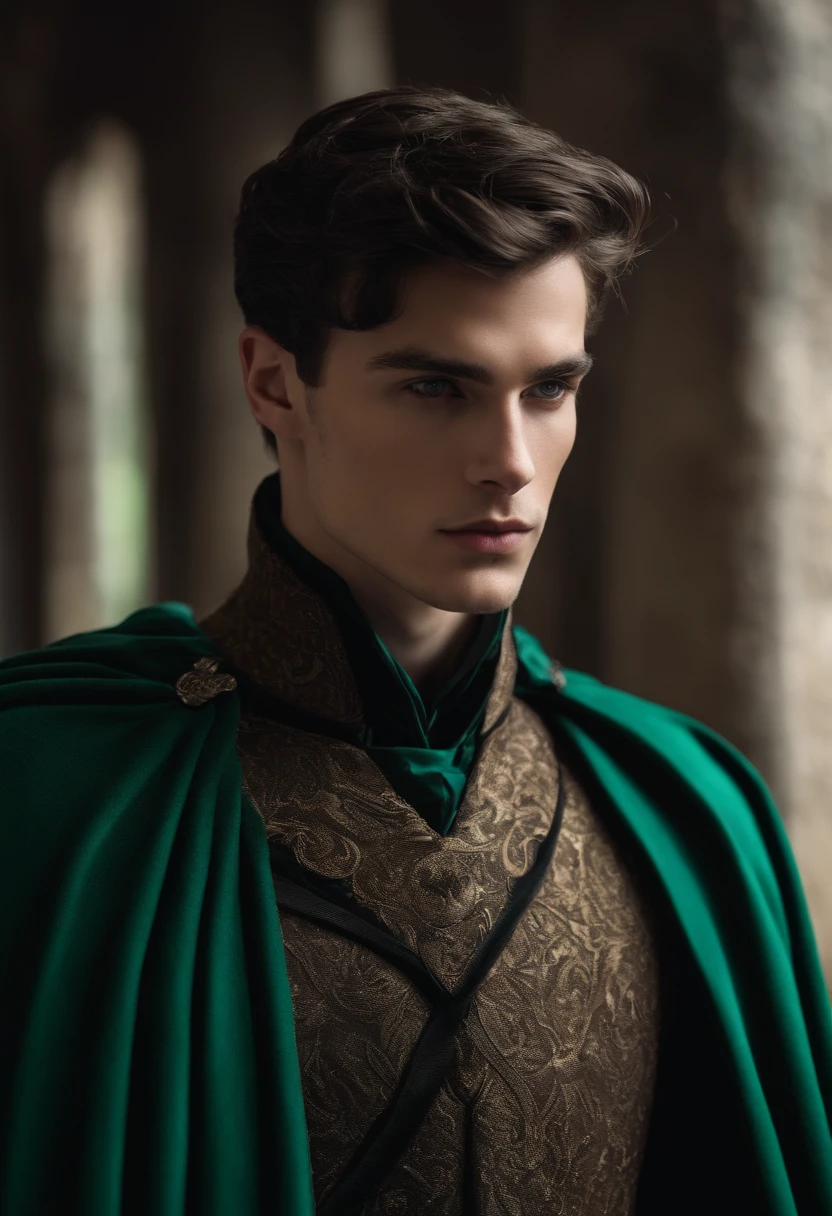 Young European man, with dark hair, undercut hair, grey eyes, handsome, pale, tall, wearing Slytherin cloak
