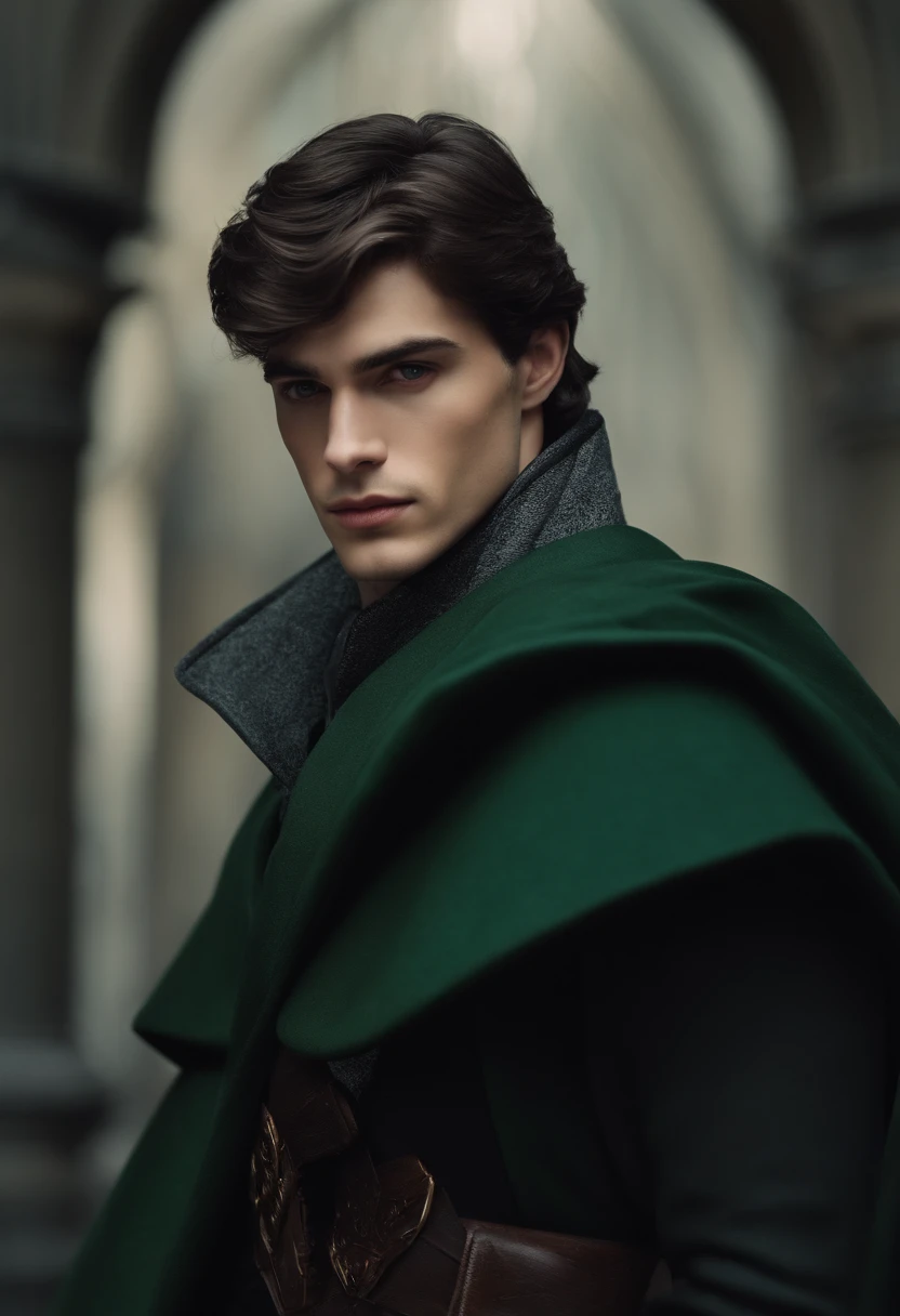 Young European man, with dark hair, undercut hair, grey eyes, handsome, pale, tall, wearing Slytherin cloak