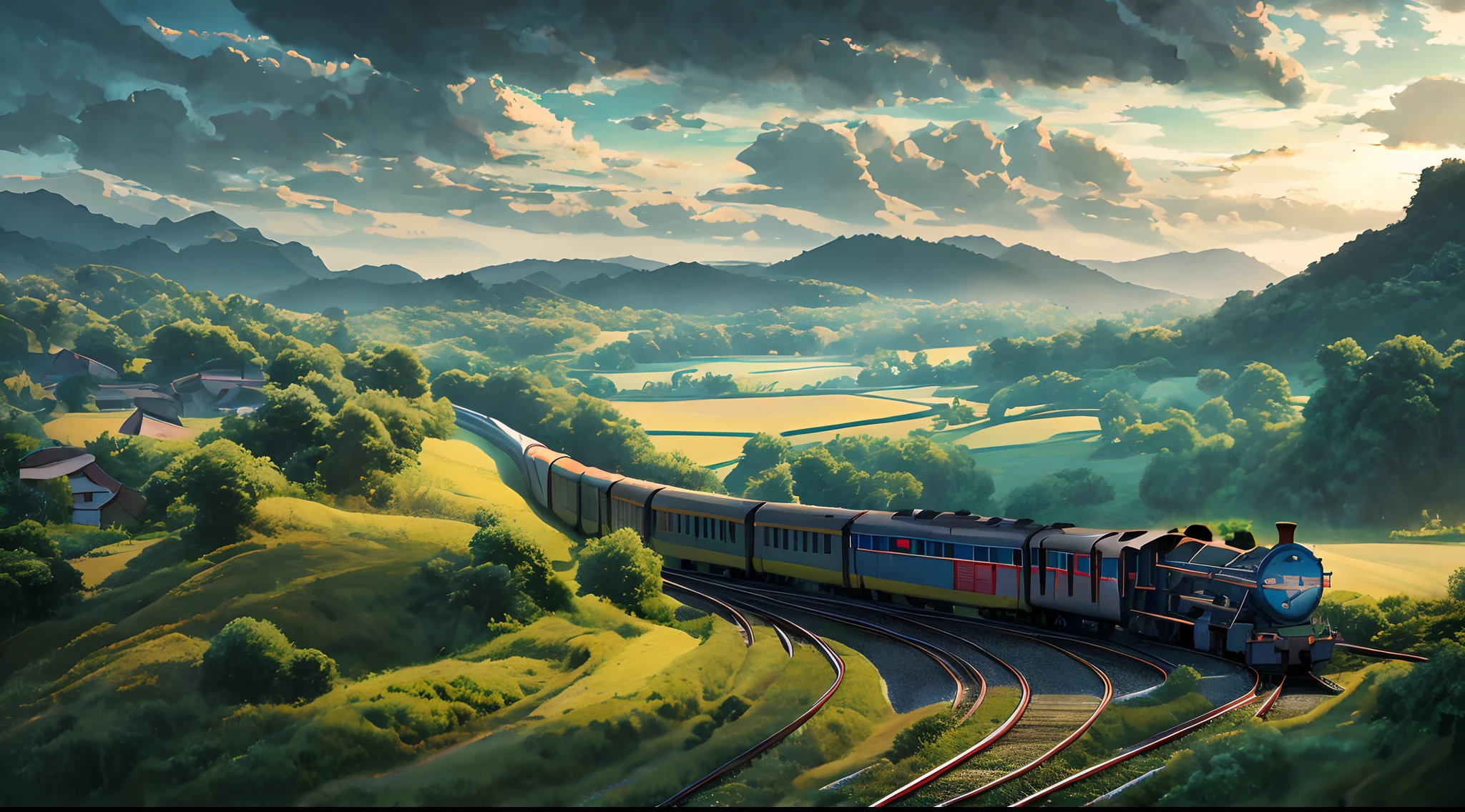 there is a train that is going down the tracks in the field, anime countryside landscape, made of tree and fantasy valley, scenery art detailed, beautifull puffy clouds. anime, detailed scenery —width 672, anime landscape wallpaper, anime landscape, studio ghibli landscape, 4k highly detailed digital art, amazing wallpaper, ross tran. scenic background, dreamy landscape