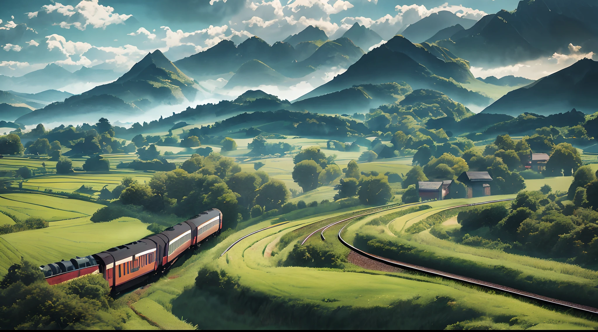 there is a train that is going down the tracks in the field, anime countryside landscape, made of tree and fantasy valley, scenery art detailed, beautifull puffy clouds. anime, detailed scenery —width 672, anime landscape wallpaper, anime landscape, studio ghibli landscape, 4k highly detailed digital art, amazing wallpaper, ross tran. scenic background, dreamy landscape