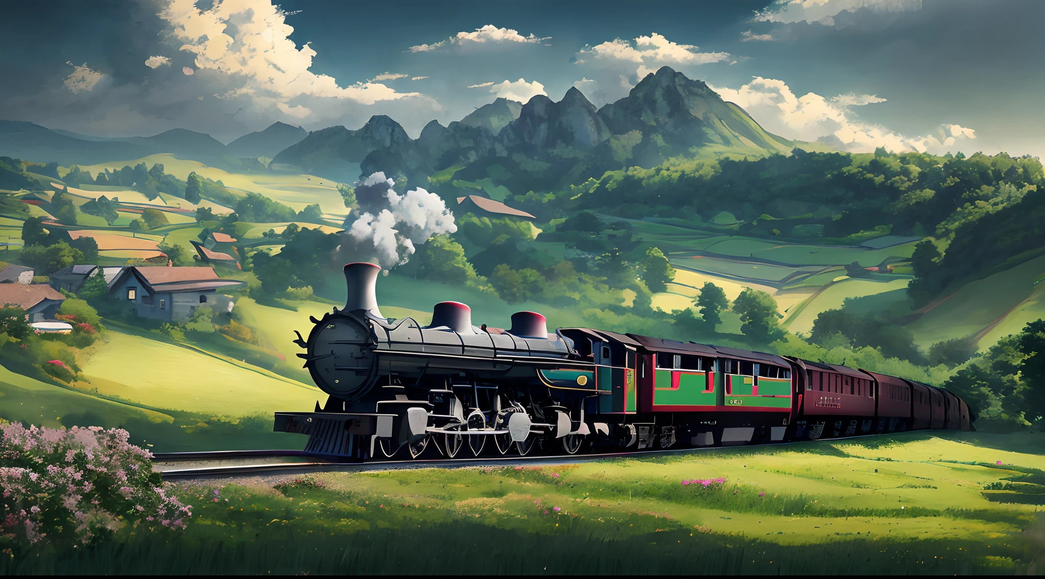 there is a train that is going down the tracks in the field, anime countryside landscape, made of tree and fantasy valley, scenery art detailed, beautifull puffy clouds. anime, detailed scenery —width 672, anime landscape wallpaper, anime landscape, studio ghibli landscape, 4k highly detailed digital art, amazing wallpaper, ross tran. scenic background, dreamy landscape