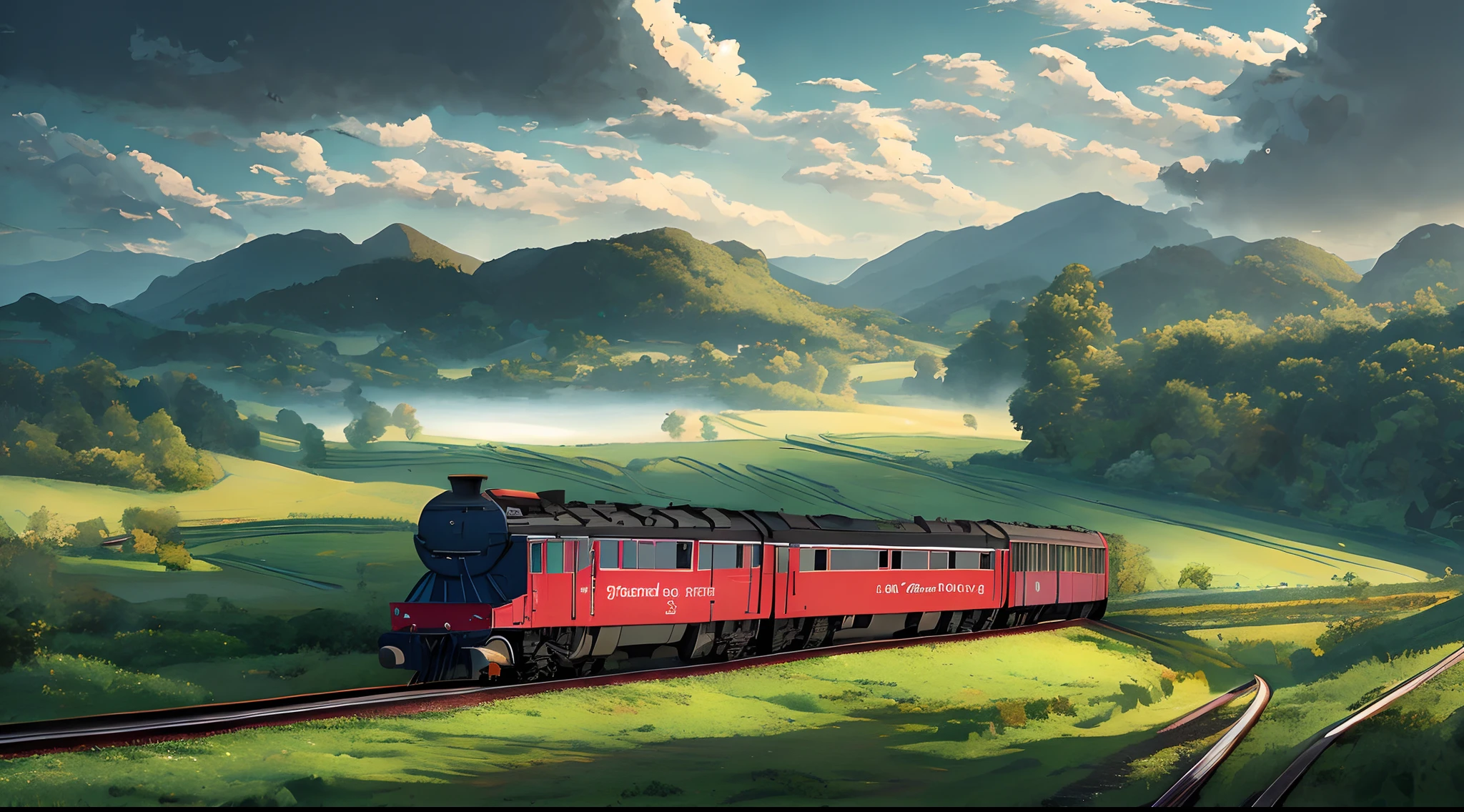 there is a train that is going down the tracks in the field, anime countryside landscape, made of tree and fantasy valley, scenery art detailed, beautifull puffy clouds. anime, detailed scenery —width 672, anime landscape wallpaper, anime landscape, studio ghibli landscape, 4k highly detailed digital art, amazing wallpaper, ross tran. scenic background, dreamy landscape