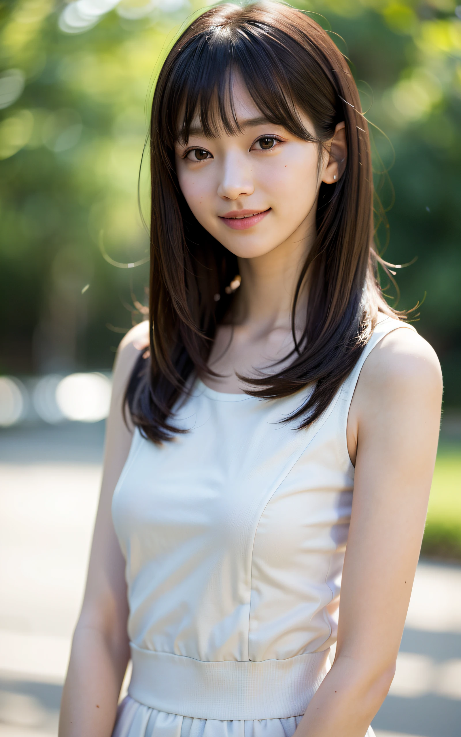 masutepiece, Best Quality, 8K, 22 yo, Raw photo, Smile, Solo, Cute, Idol face, Delicate girl, Neat and clean beauty, Upper body, Digital SLR, Looking away, Candid, Sophisticated, Professional Lighting, Film grain, (Eyes and faces with detailed:1.0), Straight, Medium length hair swaying in the wind, Bangs, (Bokeh:1.1)