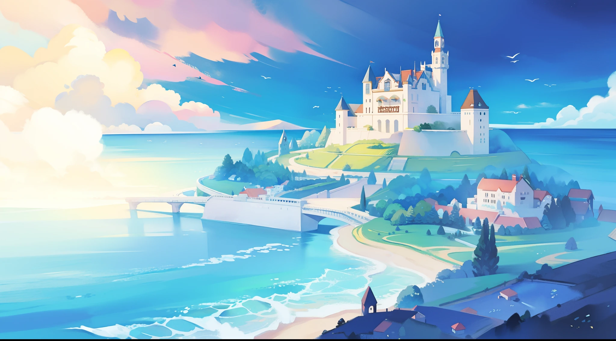 ocean fantasy watercolor illustration, bright colors, huge asymmetrical castle village