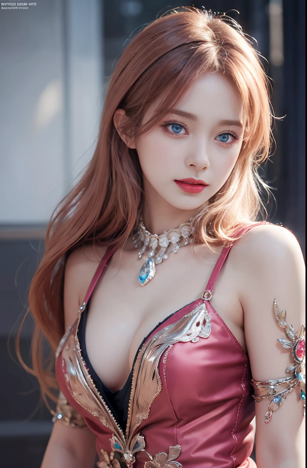 best quality, ultra high res, (photorealistic:1.4), (detailed beautiful girl:1.4), (medium breasts:0.8), looking_at_viewer, Detailed facial details, beautiful detailed eyes,pink hair, blue eyes, slender, haunting smile, (makeup:0.3), red lips, highly detailed clothes, (ulzzang-6500-v1.1:0.3)