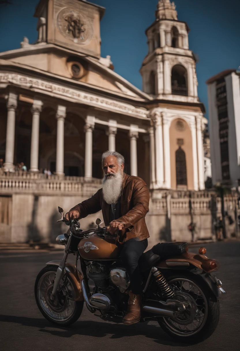 a man, brown hair, gray beard, a crucifix on his necklace, riding his motorcycle, in front of the Basilica Nossa Senhora Aparecida in Brazil.