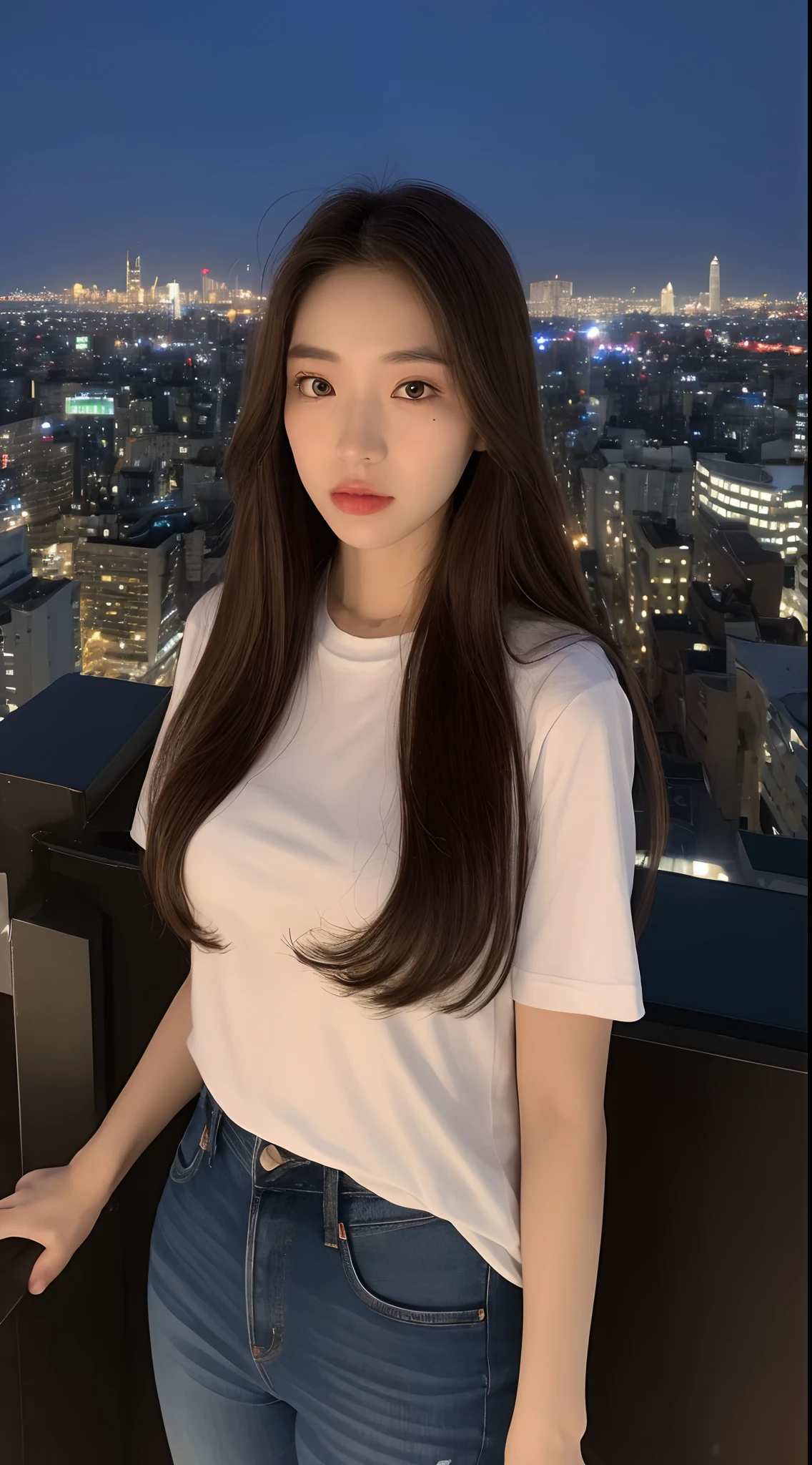 ((Midnight, Best quality, 8k, Masterpiece :1.3)), Whole body, Long legs, Sharp focus :1.2, A pretty woman with perfect figure :1.4, Slender abs :1.1, ((Dark brown hair, Big breasts :1.2)), (White tight tshirt, Jean bib, Standing:1.2), ((Night city view, Rooftop:1.3)), Highly detailed face and skin texture, Detailed eyes, Double eyelid