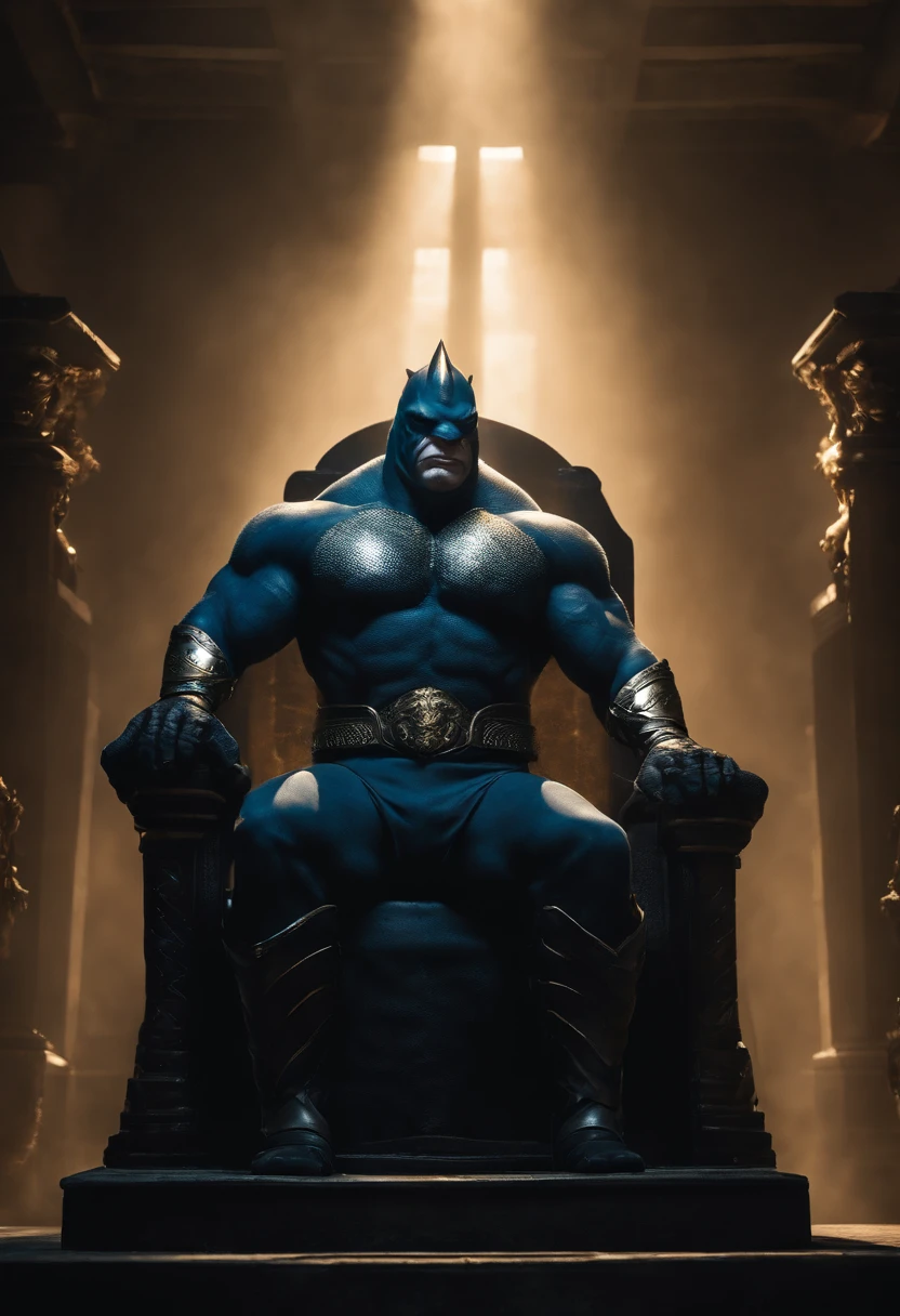 It creates a compelling image of King Shark, the DC Comics character, in an intimidating and powerful pose, seated in a throne as a big king. Be sure to capture his unique appearance as a humanoid shark with imposing musculature and sharp teeth. He uses dark colors and blue tones to reflect his connection to the ocean and its threatening nature. Dress with an armor and a golden crown. Pay attention to the details of the texture of his skin and his fierce gaze. Make sure the image conveys its strength and imposing character