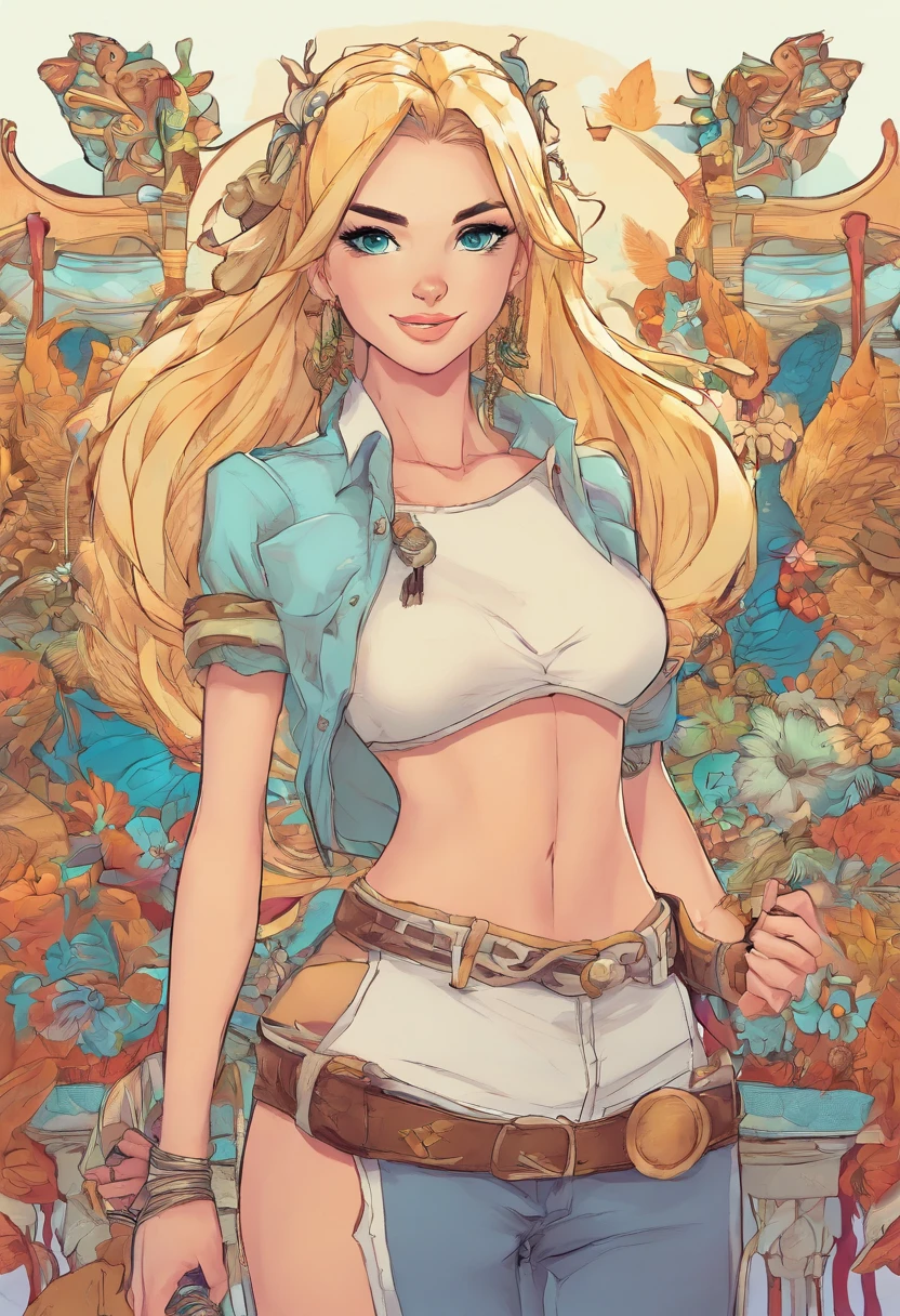 1girl, blonde hair, orelhas pontudas, olhos azuis, elevador de roupas, sozinho, ornamento de cabelo, grampo de cabelo, cabelos longos, Elevador de camisa, pigtail, Olhando para o Viewer, lips, levantado por si mesmo, Horse, parte superior do corpo, umbigo, dia,camisa branca,