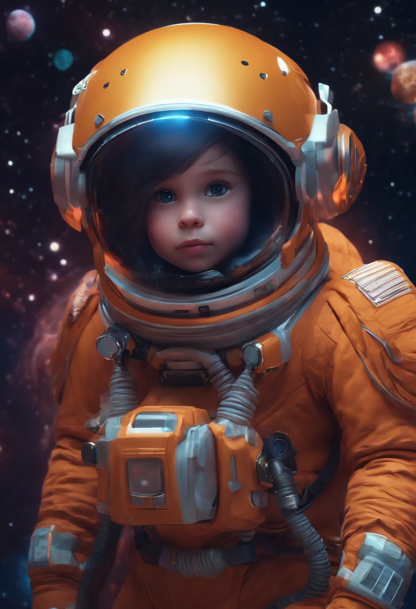 a teenager in a space capsule with a medallion around her neck, in the background a burning planet, ships flying in space, sci-fi styled
