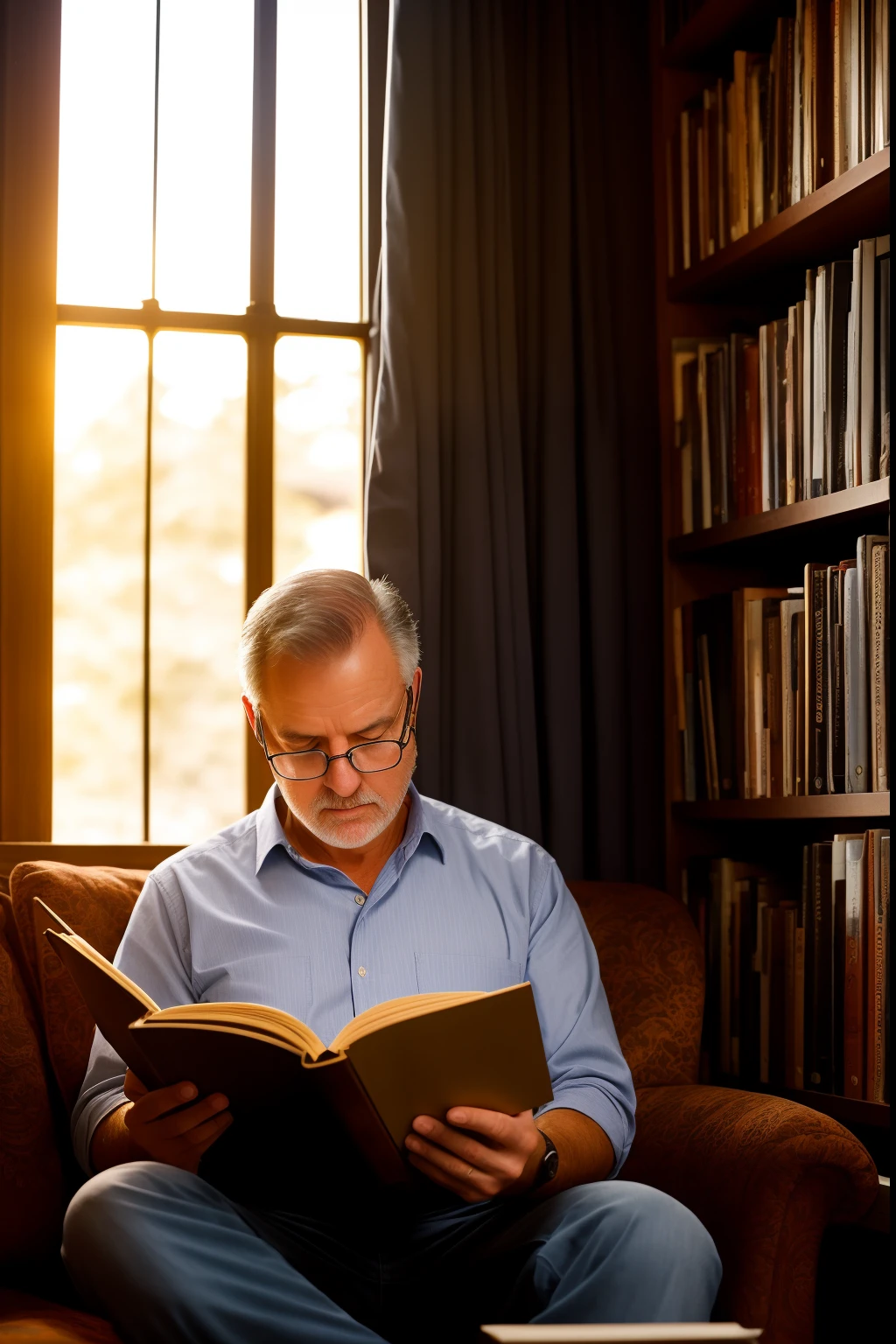 Middle aged man reading old books, twilight light, warm atmosphere, cultural atmosphere, (masterpiece) (Perfect proportions) (Photorealistic Photography) (Best Quality) (Details) (8k) (HDR) (wallpaper) (Movie lighting) (Sharp Focus) (Complex)