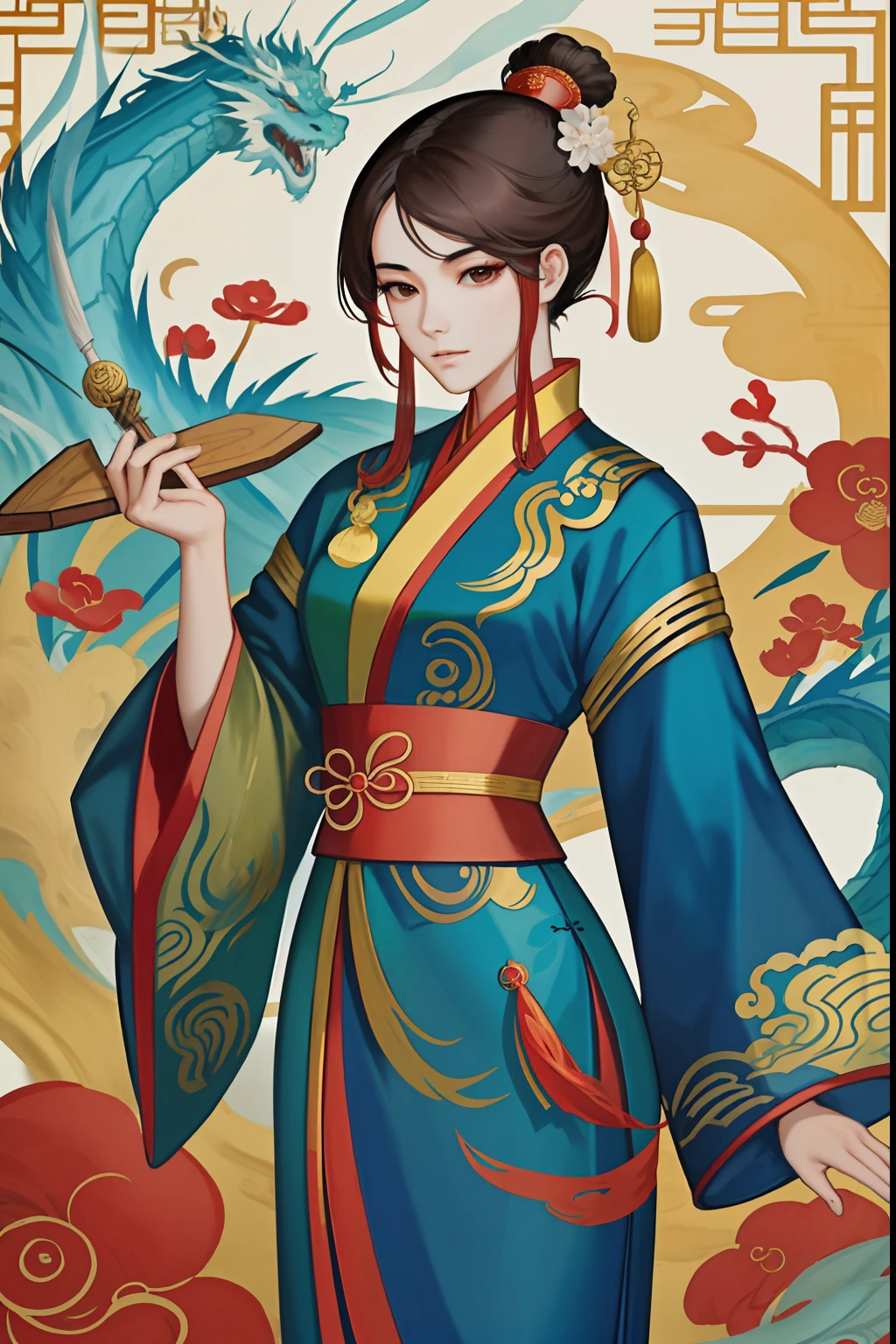 Chinese woman standing inspired by Hua Mulan hanging, com cabelos ao estilo comprido late qing dynasty dynasty, holding a Chinese stick, and in the background a Chinese dragon, estilo quadrinhos, arte, illustration