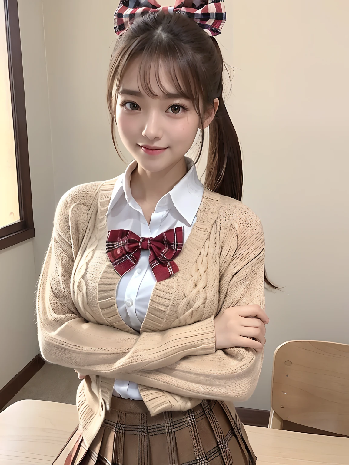 Masterpieces, beste-Qualit, HD fine, fel1, Pretty Woman, whiteshirt, Red bow,Cute clothes、collared shirt, Sweater Vest, Cowboy Shot, Smiling face, Open your mouth、front、Joy