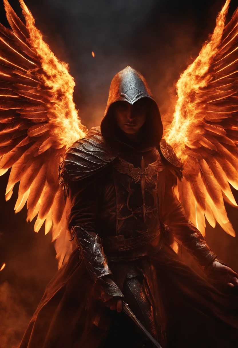 Realistic,  Angel with big wings, Wearing flames,Hood on head in war background image (the chaos), full body, flare behind, close up, 200mm lens, f/1.0, head shot