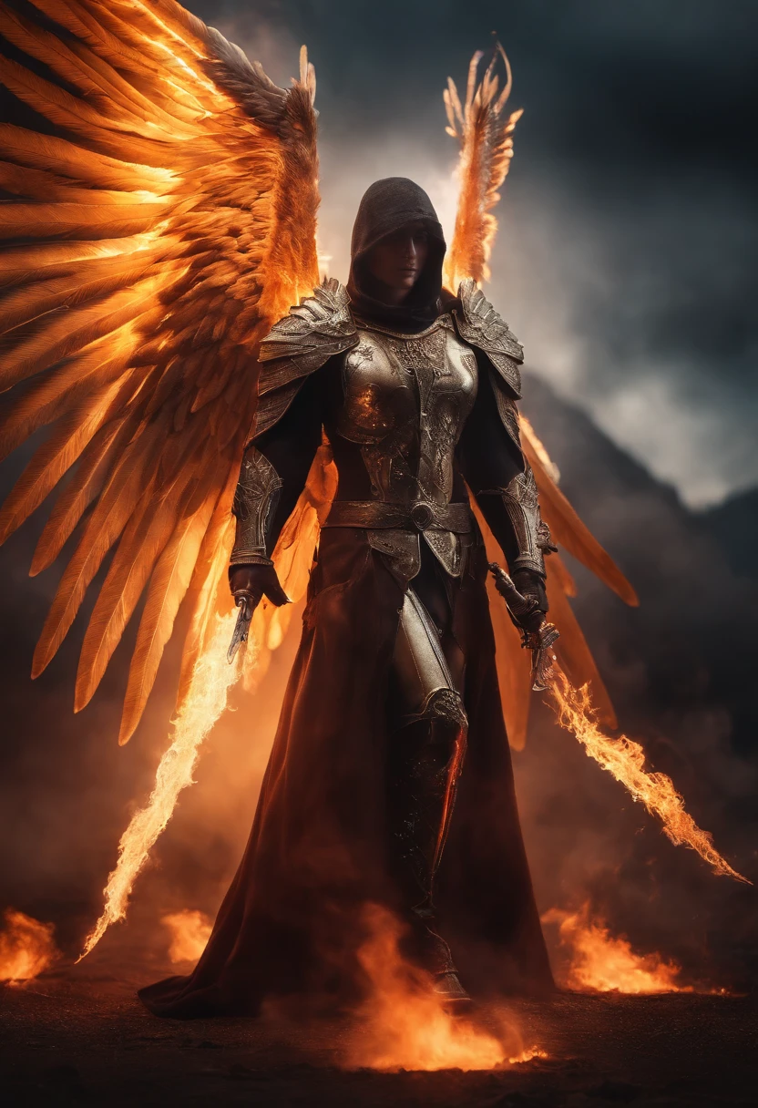 Realistic,  Angel with big wings, Wearing flames,Hood on head in war background image (the chaos), full body, flare behind, close up, 200mm lens, f/1.0, head shot