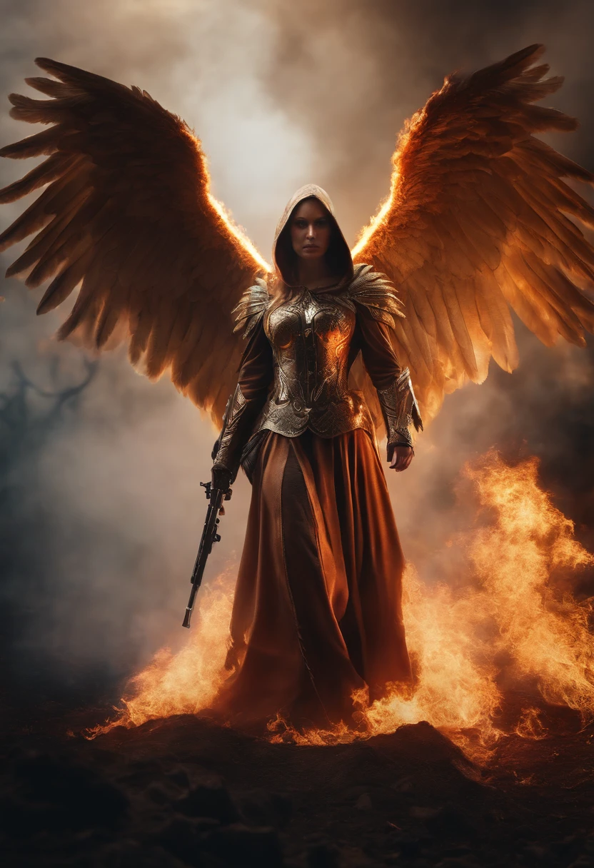 Realistic,  Angel with big wings, Wearing flames,Hood on head in war background image (the chaos), full body, flare behind, close up, 200mm lens, f/1.0, head shot