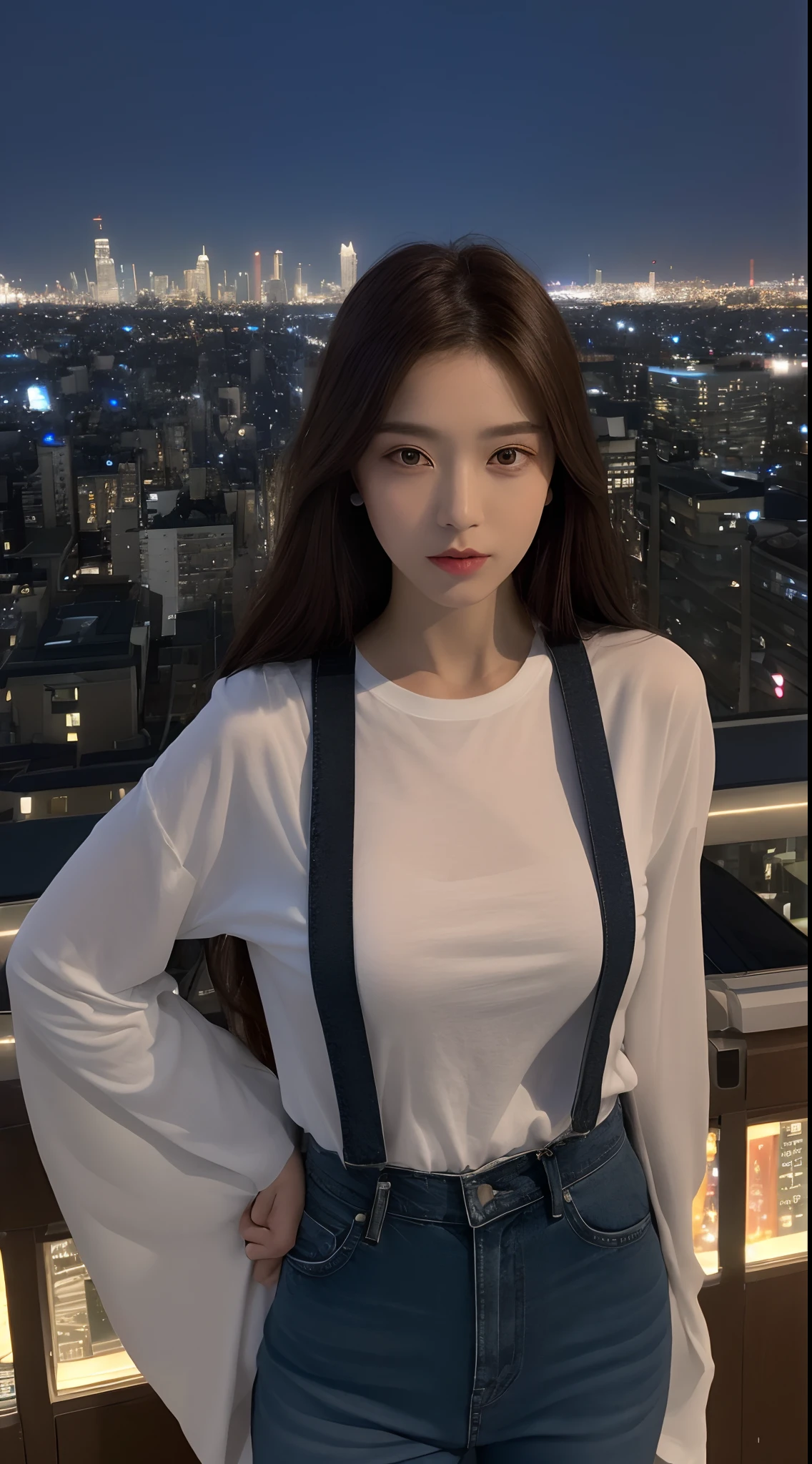 ((Midnight, Best quality, 8k, Masterpiece :1.3)), Whole body, Long legs, Sharp focus :1.2, A pretty woman with perfect figure :1.4, Slender abs :1.1, ((Dark brown hair, Big breasts :1.2)), (White tight tshirt, Jean bib, Standing:1.2), ((Night city view, Rooftop:1.3)), Highly detailed face and skin texture, Detailed eyes, Double eyelid