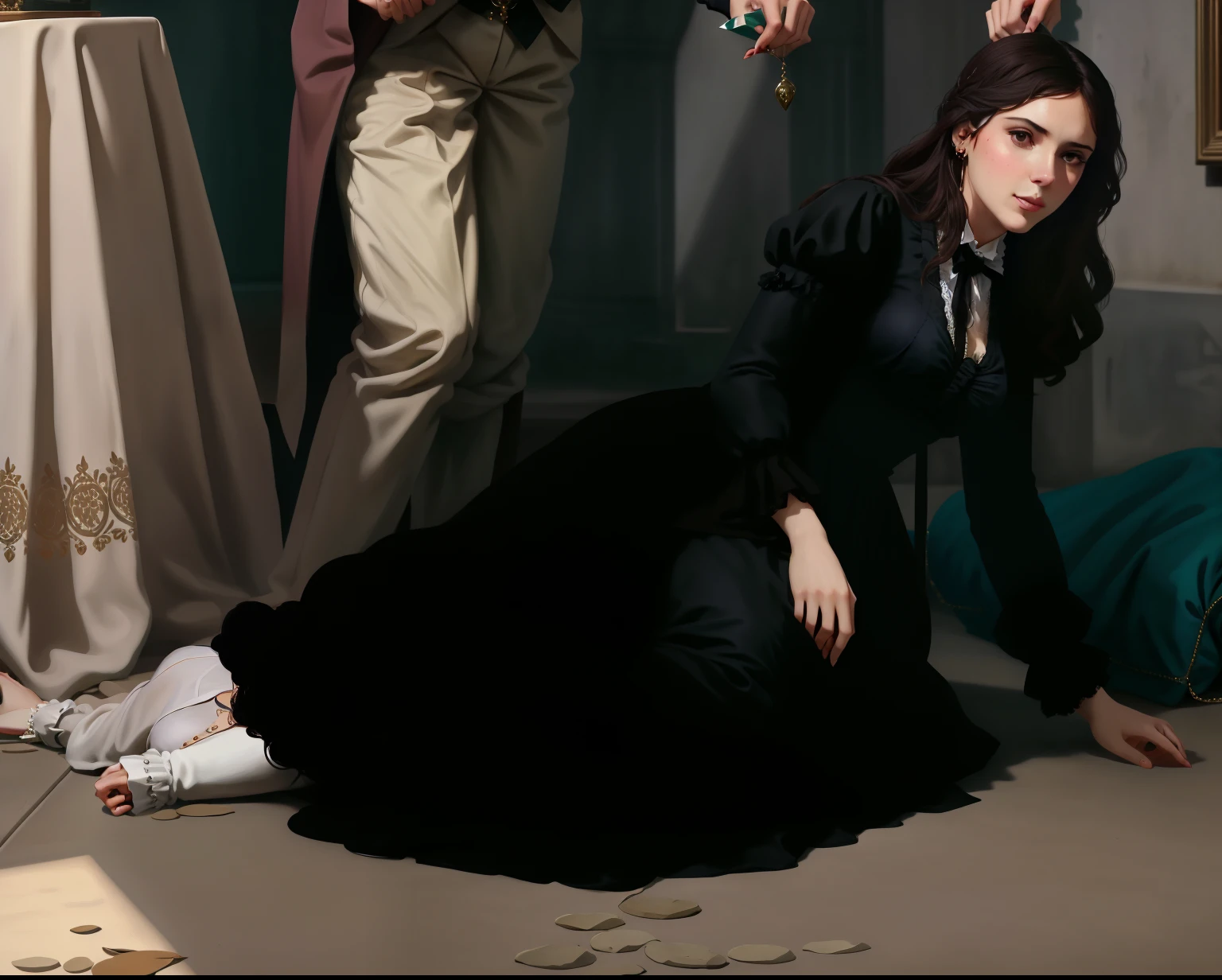 There is a woman lying on the ground with a cat, No estilo de arte de Bowater, inspirado em Francesco Hayez, inspirado em Alexandre Cabanel, inspirado em Albert Edelfelt, inspired by Anna Füssli, inspirado em Jens Ferdinand Willumsen, mourning family, inspirado em Vasily Perov, jovem vitoriana triste fantasia senhora