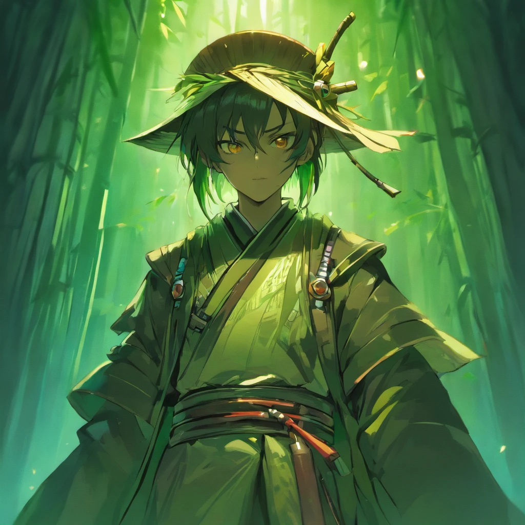 A cyberpunk samurai wearing a bamboo hat, duas espadas na cinturar roupa escura de um samurai olhos penetrantes , rage , cidade cyberpunk ao fundo, obra prima, 8k
