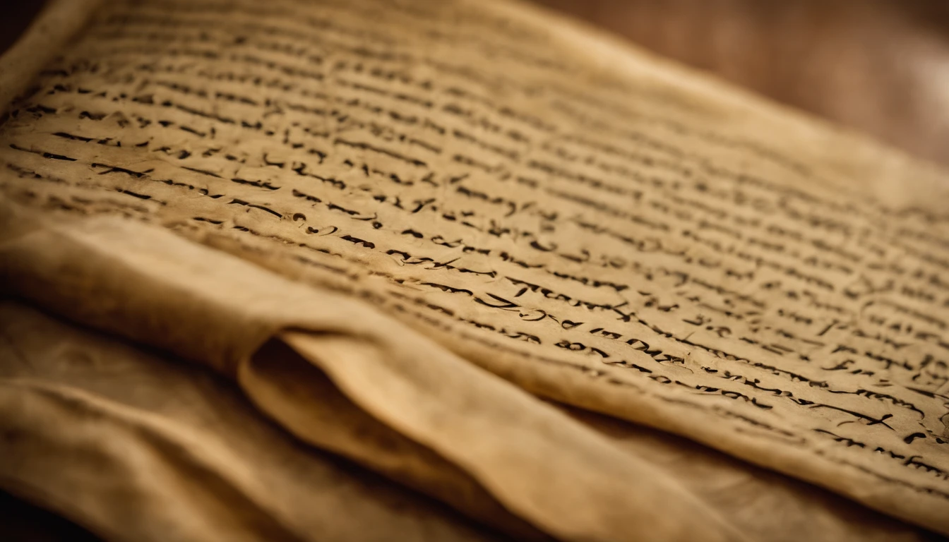 Describe an image with a collection of ancient scrolls written in Aramaic, exhibiting visible signs of wear and tear due to the passage of time. The scrolls are carefully arranged on an aged surface, and soft light highlights the Aramaic inscriptions, que permaneceram relativamente intactos apesar do envelhecimento. Explore os sinais de desgaste, as dobras nos pergaminhos, and the sense of antiquity and mystery surrounding these historical documents.