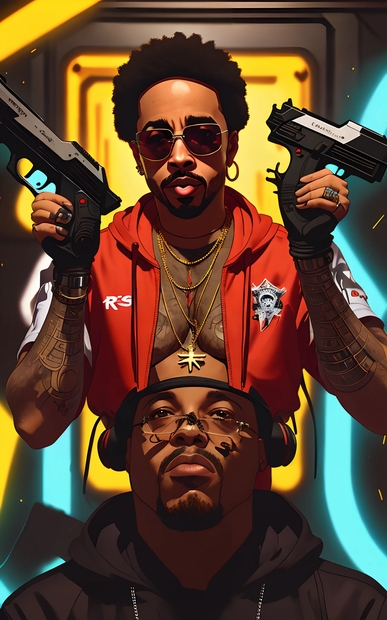 Rapper Roc Marciano as a Cyberpunk pointing guns at the camera