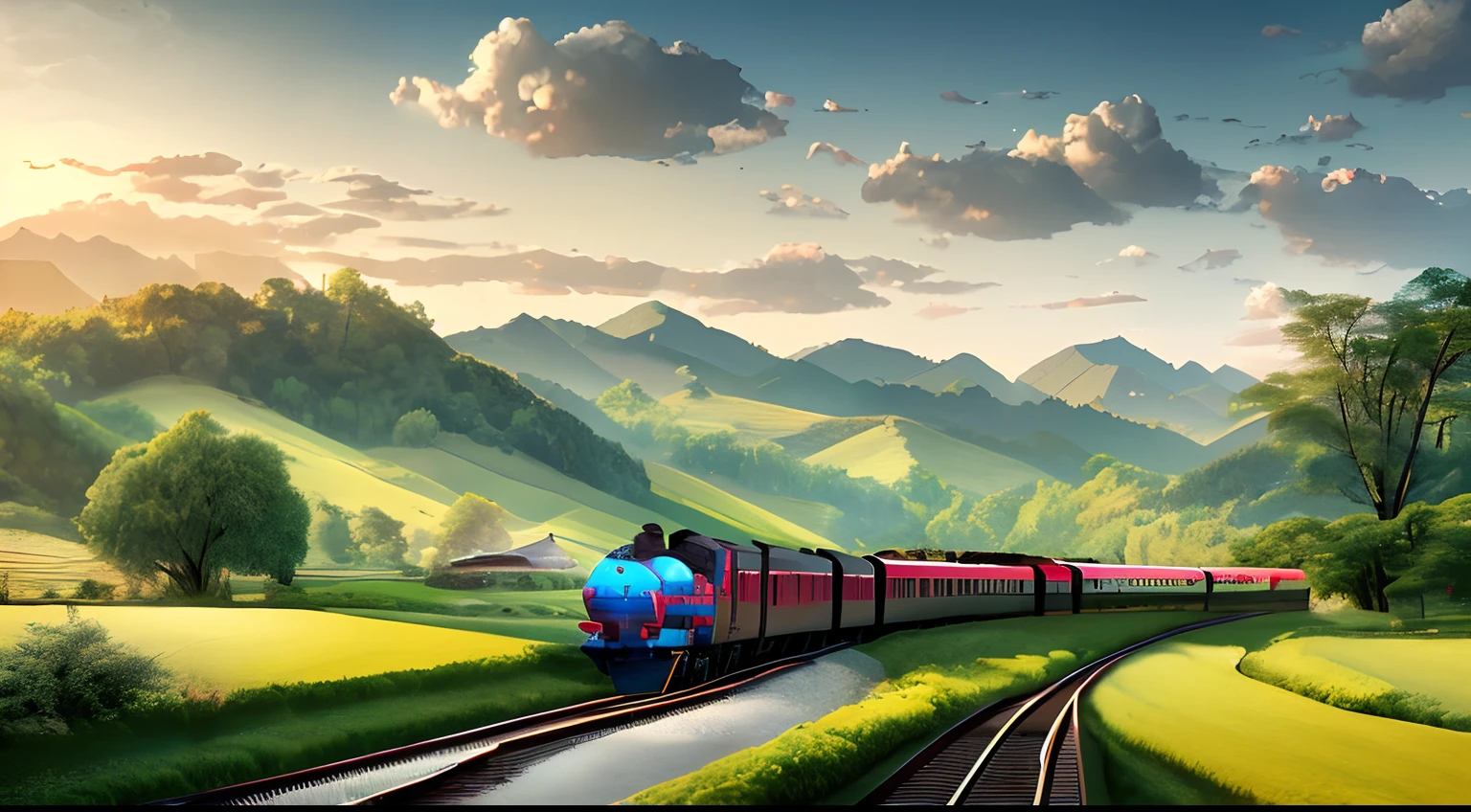 There is a train running on the tracks of the field,((Harmony)),China high-speed rail,rural landscape,Made of trees and valleys,Landscape art detailed,beautiful cloud。Rural landscape,scenery wallpaper,Rural landscape,Studio view,Highly detailed digital art in 4K,amazing wallpapers。scenery background,dreamlike landscapes