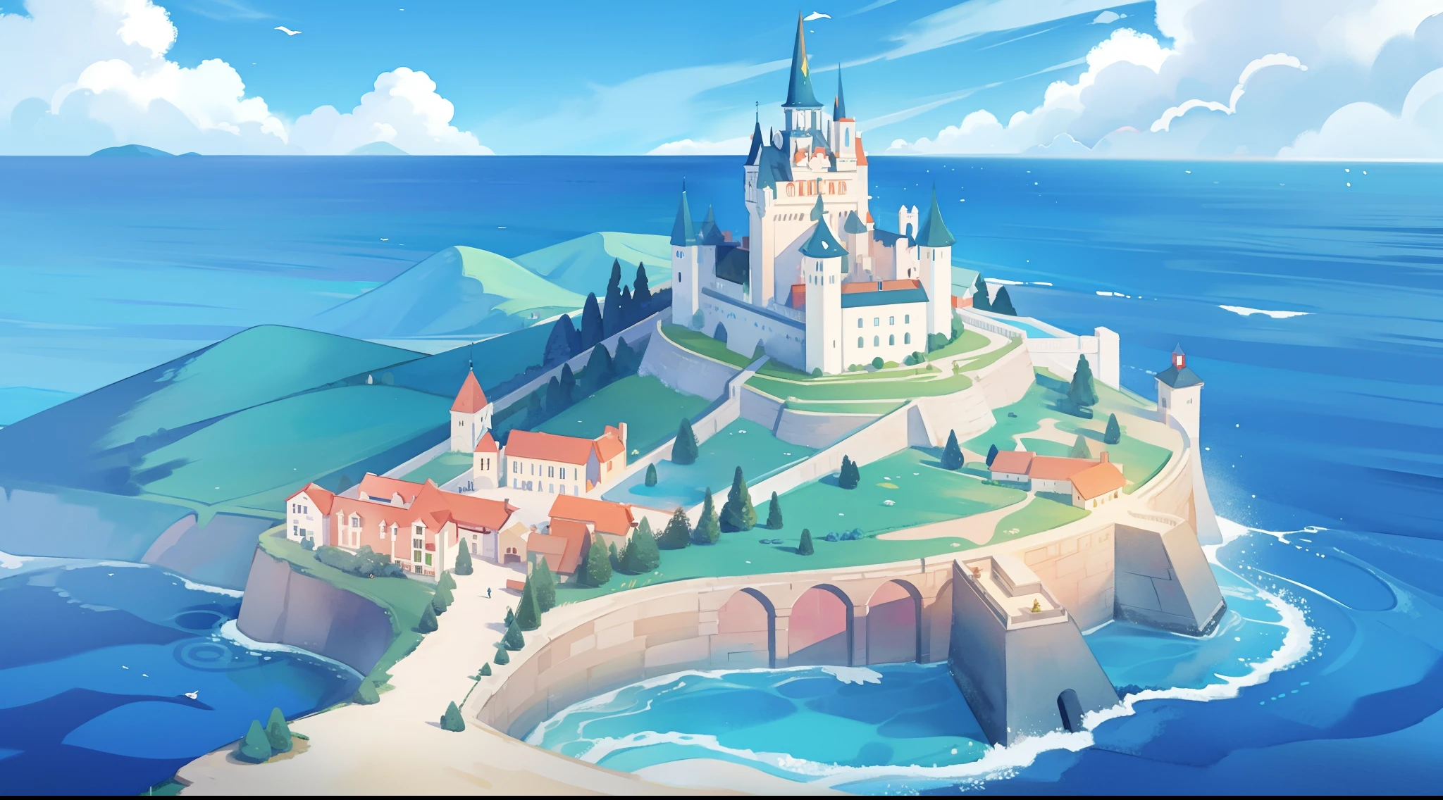 ocean fantasy watercolor illustration, bright colors, huge asymmetrical castle village