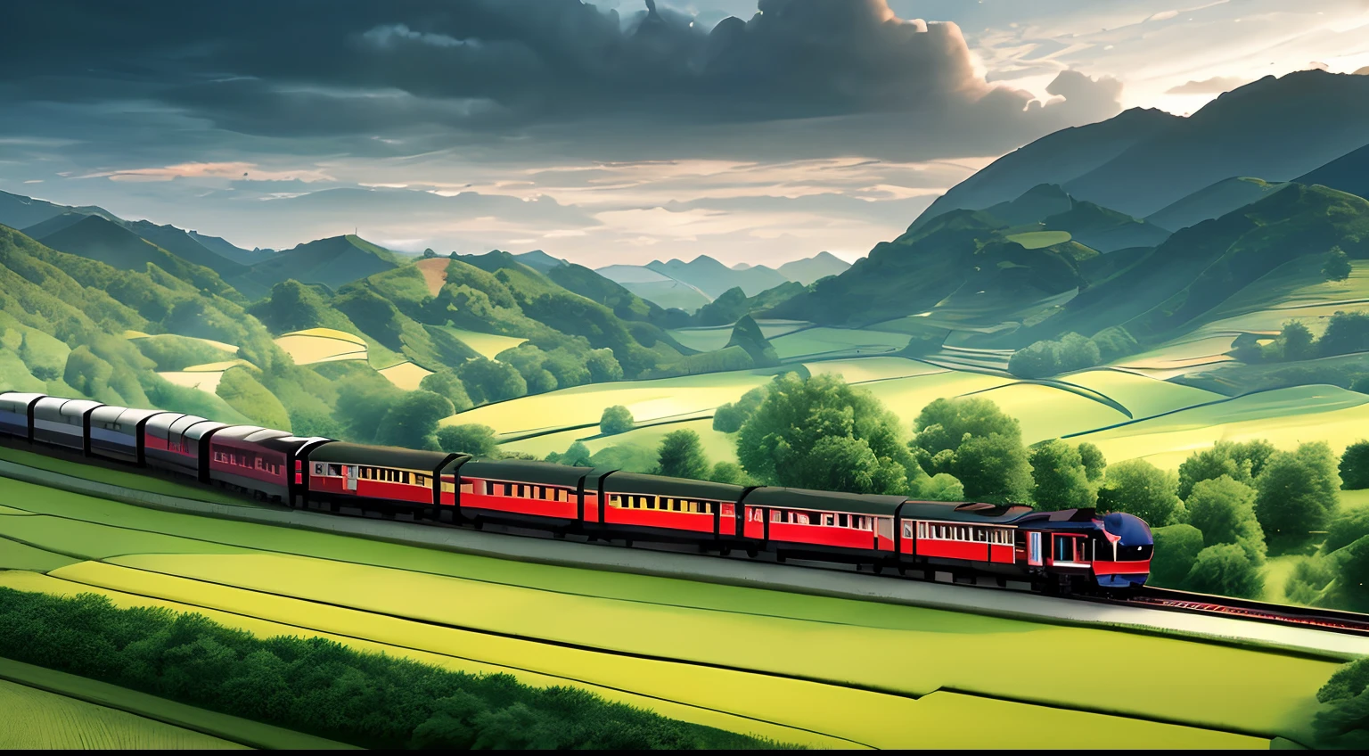 There is a train running on the tracks of the field,((Harmony)),China high-speed rail,rural landscape,Made of trees and valleys,Landscape art detailed,beautiful cloud。Rural landscape,scenery wallpaper,Rural landscape,Studio view,Highly detailed digital art in 4K,amazing wallpapers。scenery background,dreamlike landscapes