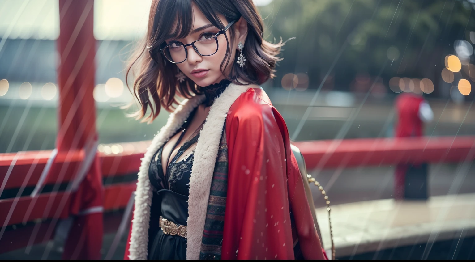 a matural female, information, Delicate facial features, Beautuful Women, Red cape, Face the lens, Full breasts, Slim figure, beautifullegs, k hd, Highest image quality, The body is curvy, wears glasses, The background is the riverside on a rainy day, Black hair, bangs pinned back, snowflake hair ornament, Chiaroscuro, Eye level shots, hyper HD, High quality, A high resolution, hyper HD