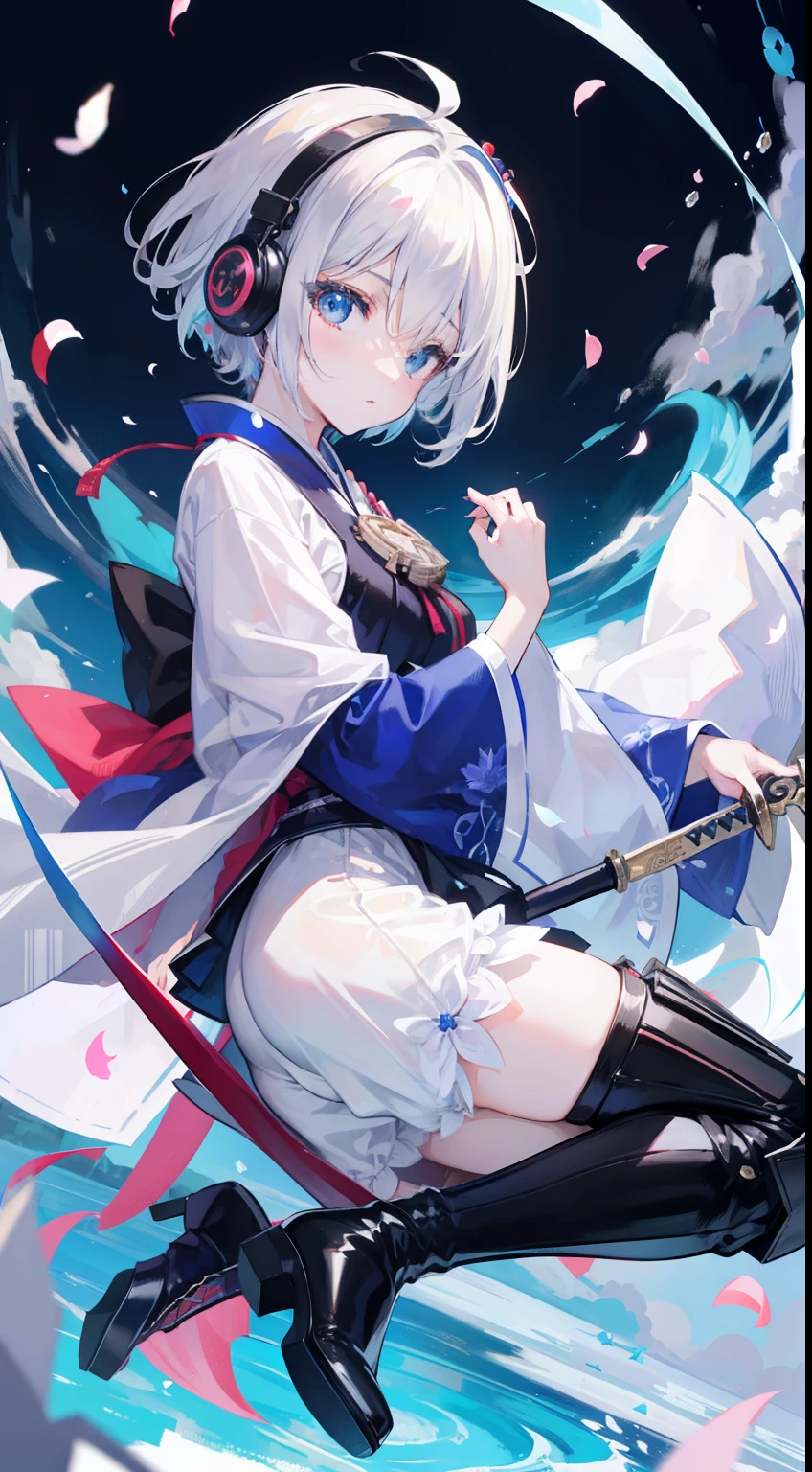 short-hair、gotik、Japanese ta、Hold the sword、Confetti、head phone、hotpants、Blue Flame、A picture that can be seen in its entirety Black boots