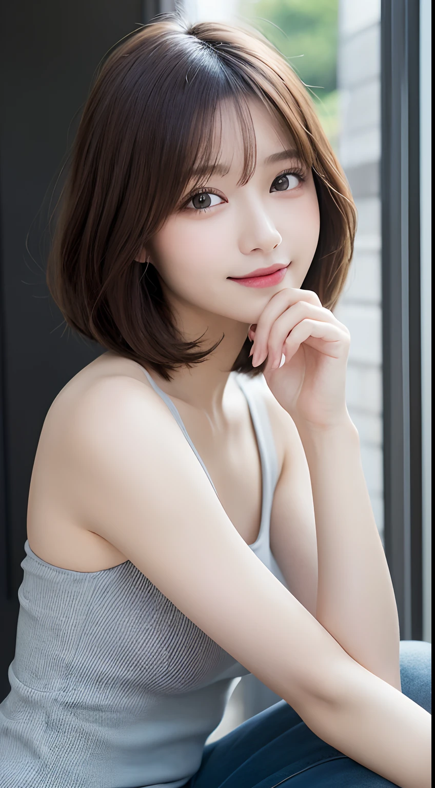 masutepiece, Best Quality, Illustration, Ultra-detailed, finely detail, hight resolution, 8K Wallpaper, Perfect dynamic composition, Beautiful detailed eyes,Short bob hair,Small breasts natural color lip, Bold sexy poses,Smile,Shibuya、20 years girl、Cute、Subject looking at sexy pose on camera,9a moon