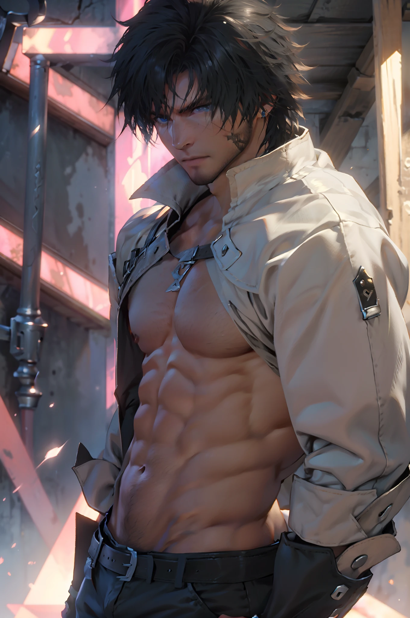 (absurdos, Altas Resoluciones, Ultra detallado, HDR), Obra maestra, La mejor calidad, final fantasy xvi, clive rosfield, 1hombre solamente, guapo, pelo corto, cabello negro, Ojos azules vibrantes, ojos finos y cara detalladas, Armadura, ((Arma intrincada)), Sentado en el trono, piernas abiertas, sonrisa afectada, molesto. Final Fantasy, clive rosfield,, abs, badass pose, Chico de anime en una cama con las manos en la cabeza, Hermosa pose de anime, Anime hombre guapo, Personaje masculino de anime, Badass Anime 8K, Arte detallado del personaje de anime, Concepto de anime HDR Anime MacManus, Chico anime, Ikuto Yamashita, Anime CG arte suave, Fondo de pantalla de manga 4 k, inspirado por Yamagata Hiro, Wallaper de anime