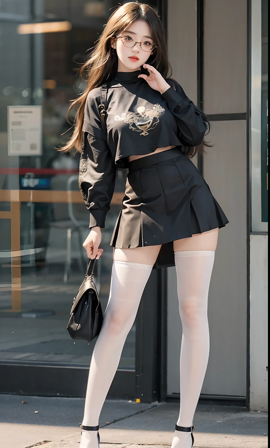 ulzzang -6500-v1.1, (Raw photo:1.2), (Photorealistic:1.4), Beautiful detailed girl, Very detailed eyes and face, Beautiful detailed eyes, Ridiculous, Incredibly ridiculous, Huge file size, super detailed, High resolution, Very detailed, Best Quality, masutepiece, ((fashion clothing with diverse colors)), Illustration, Very detailed, nffsw, unified, 8K Wallpaper, amazing, Fine detail, masutepiece ,Best Quality, Highly detailed ticker uniform 8k wallpaper, Light on Face, Movie Lighting, 1girl in, , long white hair, side split, (Big breasts), ()), (Glasses), ((Dynamic Pose))), ((Sexy Pose))), (Camel toe), (half), (pantyhose)), ((Black hip skirt))