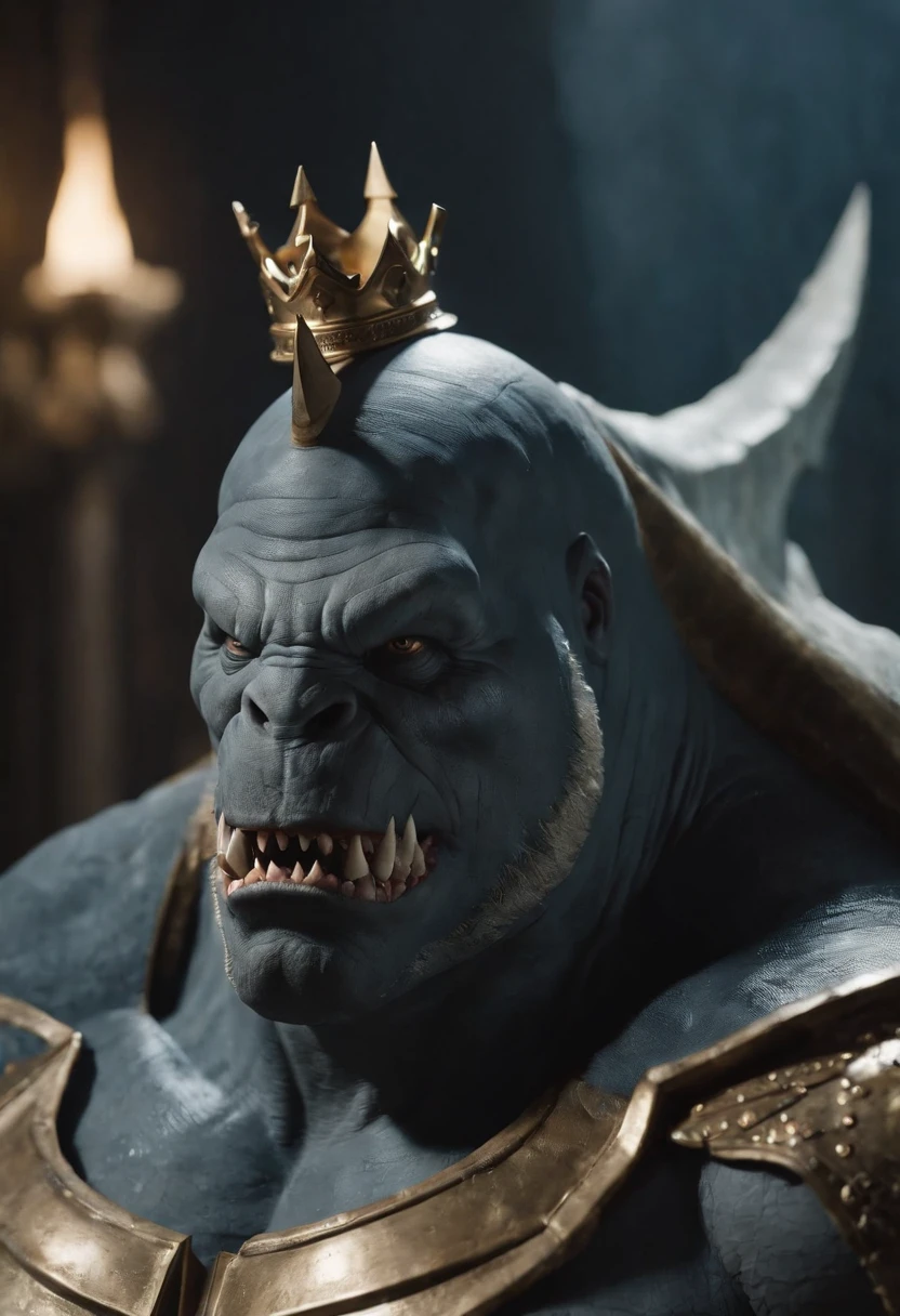It creates a compelling image of King Shark, the DC Comics character, in an intimidating and powerful pose, seated in a throne as a big king. Be sure to capture his unique appearance as a humanoid shark with imposing musculature and sharp teeth. He uses dark colors and blue tones to reflect his connection to the ocean and its threatening nature. Dress with an armor and a golden crown. Pay attention to the details of the texture of his skin and his fierce gaze. Make sure the image conveys its strength and imposing character