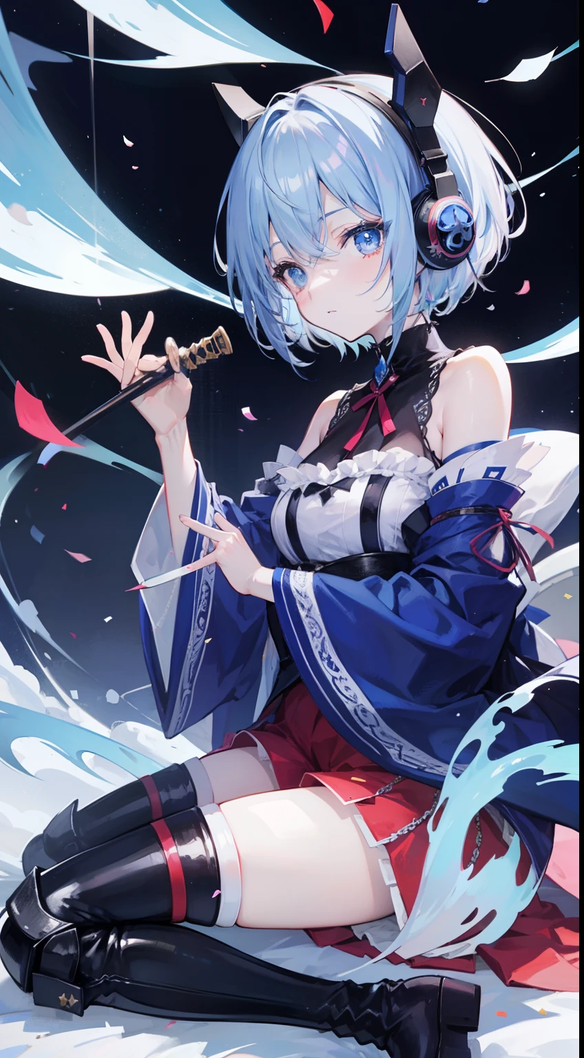 short-hair、gotik、Japanese ta、Hold the sword、Confetti、head phone、hotpants、Blue Flame、A picture that can be seen in its entirety Black boots