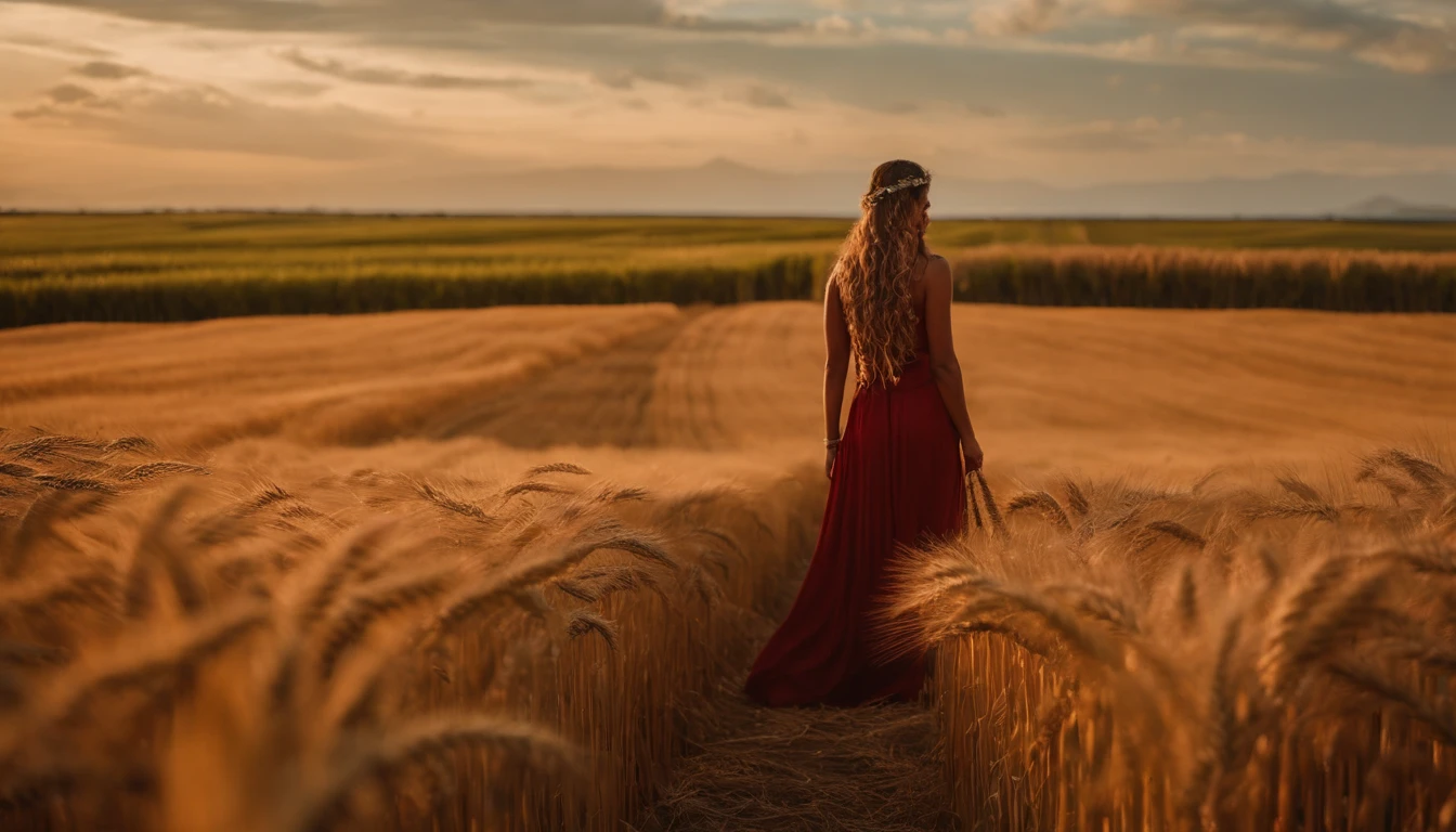Descreva uma imagem que retrata a deusa Ninkasi, com longos cabelos vermelhos, standing before a dazzling wheat field. The goddess is shrouded in a divine aura, emanando sabedoria e vitalidade. His gaze is directed to the plantation, that extends as far as the eye can see, com espigas de trigo ondulando suavemente ao vento. Explore os detalhes da deusa, seu cabelo escarlate, her serene expression and the lush wheat plantation that surrounds her."
