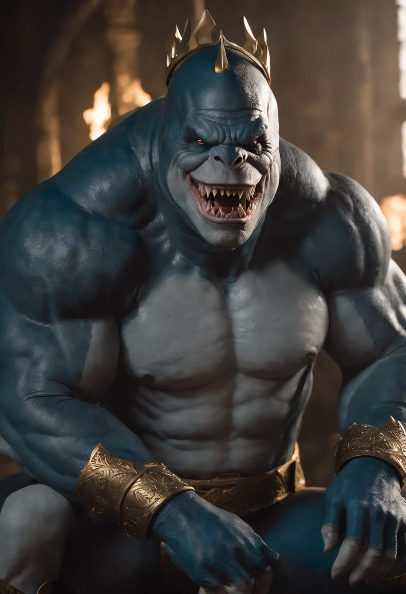 It creates a compelling image of King Shark, the DC Comics character, in an intimidating and powerful pose, seated in a throne as a big king. Be sure to capture his unique appearance as a humanoid shark with imposing musculature and sharp teeth. He uses dark colors and blue tones to reflect his connection to the ocean and its threatening nature. Dress with an armor and a golden crown. Pay attention to the details of the texture of his skin and his fierce gaze. Make sure the image conveys its strength and imposing character