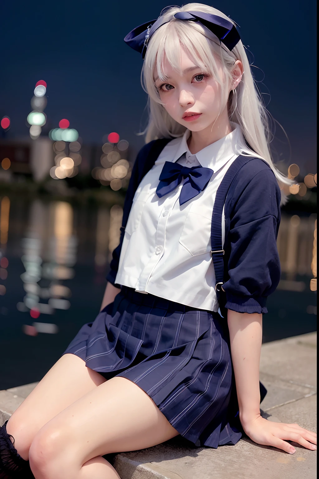 (8k, RAW photo, best quality, masterpiece:1.3),(realistic,photo-realistic:1.37),(night),(looking at viewer:1.331),(white hair),posing,Tokyo street,nightcityscape, cyberpunk city,soft light,1girl,extremely beautiful face,bust,put down hands,Random hairstyle,Random expression,big eyes, ,lower abdomen,(short-sleeved
JK_shirt),JK_style,(dark blue JK_skirt) ,(bow JK_tie),mix4