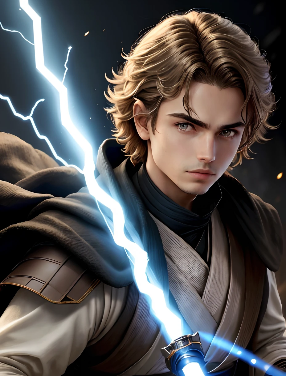 Homem adulto, Mestre Jedi, cabelo liso curto preto, Good features, segurando saber de luz, Anakin Skywalker