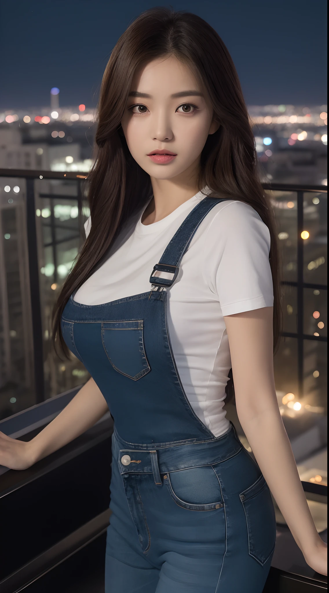 ((Midnight, Best quality, 8k, Masterpiece :1.3)), Whole body, Long legs, Sharp focus :1.2, A pretty woman with perfect figure :1.4, Slender abs :1.1, ((Dark brown hair, Big breasts :1.2)), (White tight tshirt, Jean bib, Standing:1.2), ((Night city view, Rooftop:1.3)), Highly detailed face and skin texture, Detailed eyes, Double eyelid